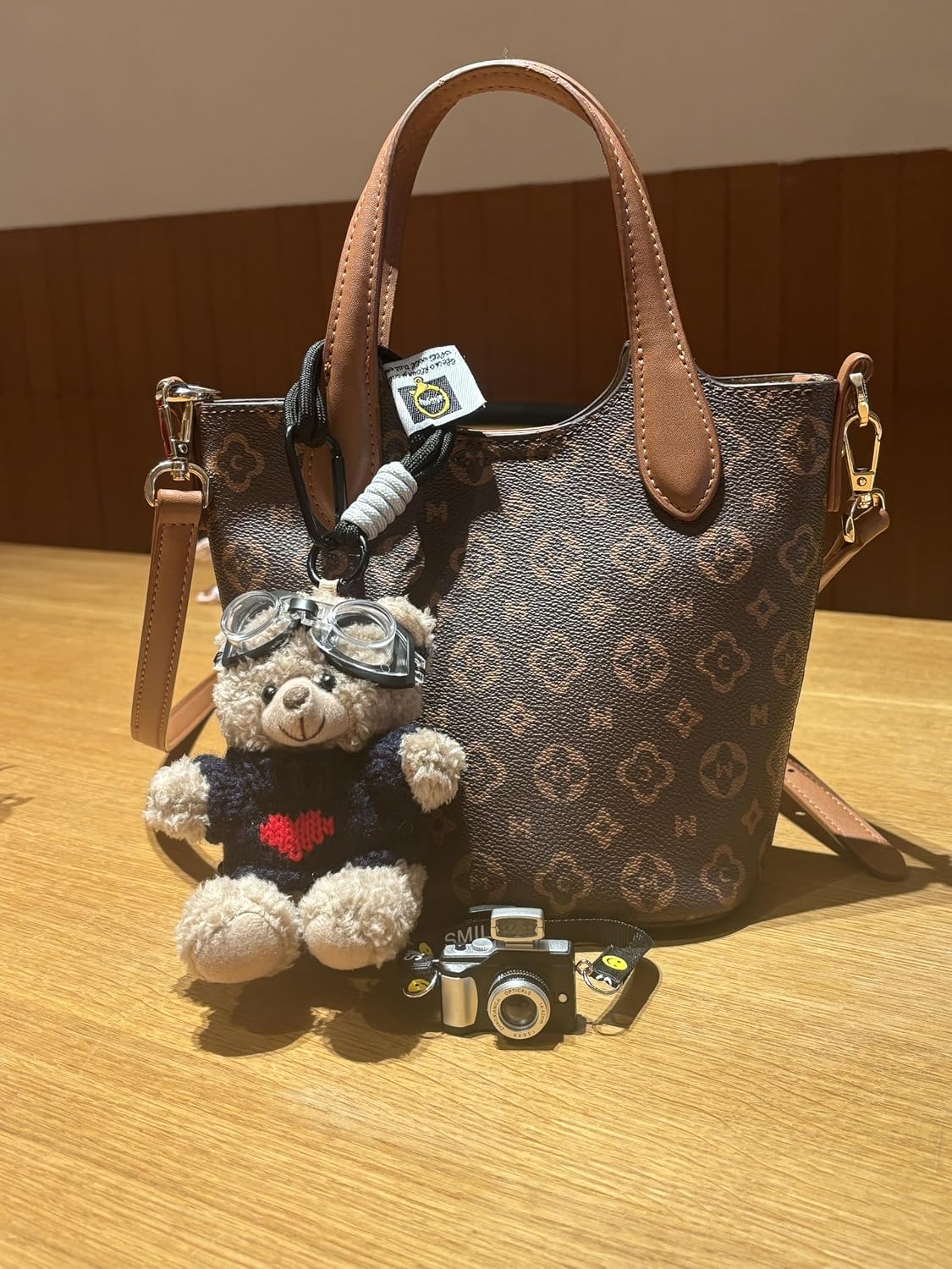 7 Inch Plush Bear Keychain, Bear wear Dark Blue sweater with Camera and Goggles, Gray Bear keychain for Bag Charms, Gift for Women's Purse Handbag, Backpack Accessories