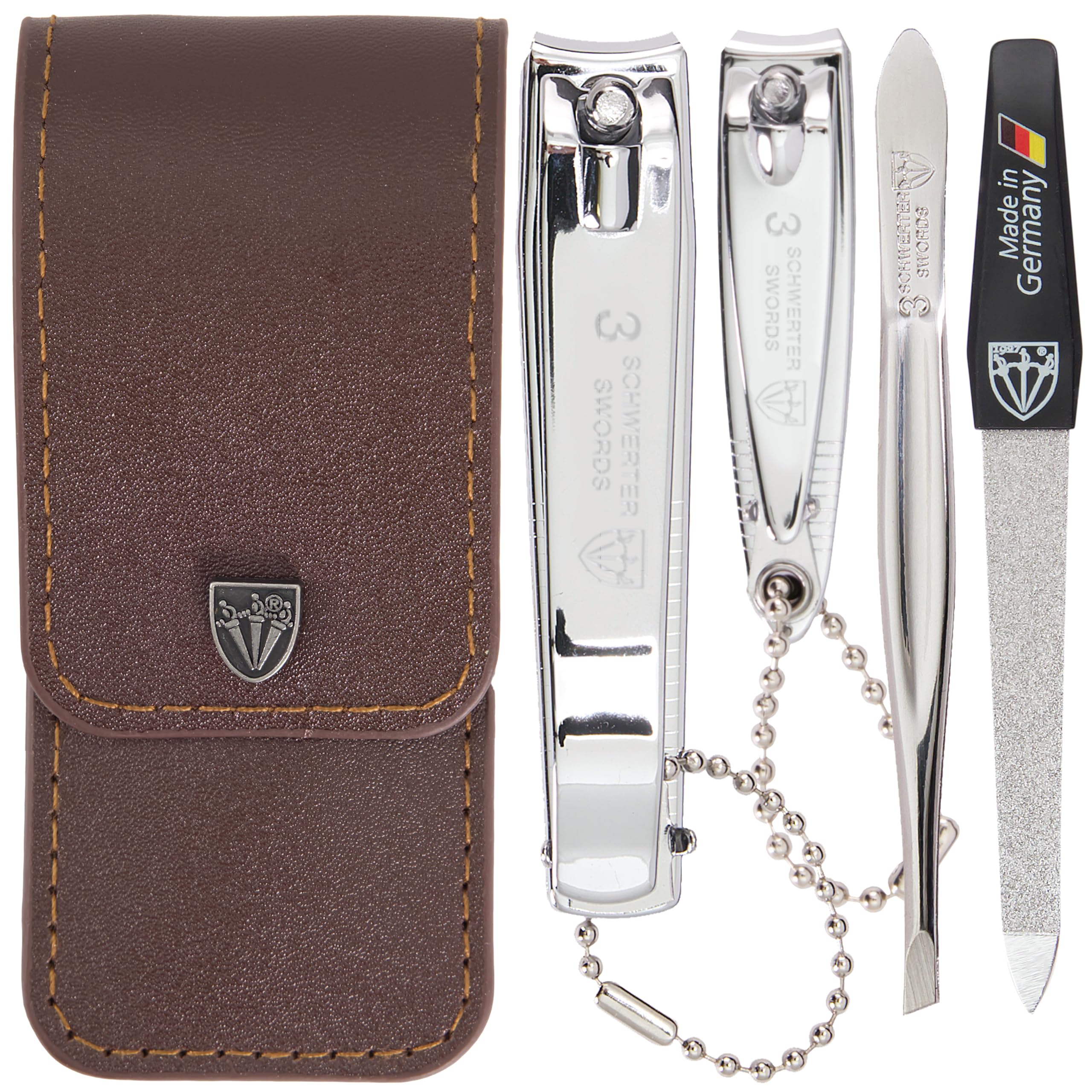 3 Swords Germany, manicure Set including finger and toe nail clipper tweezers and nail file in brown synthetic leather case
