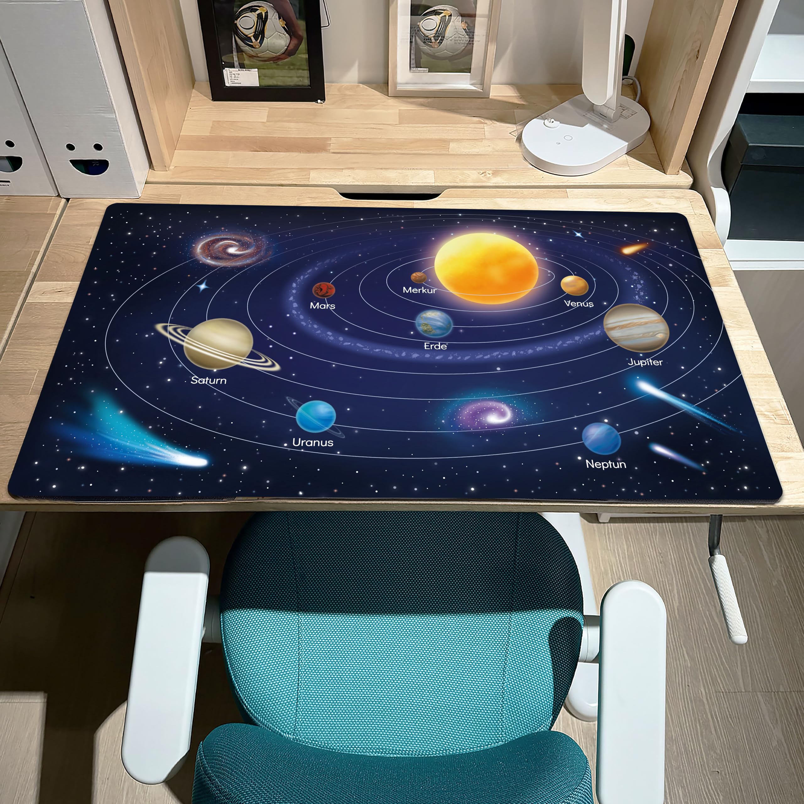 Sottomano da scrivania per bambini – Pianeti del sistema solare – 70 x 40 cm – Sottomano doppio lato in pelle PU – Sottomano lavabile e morbido