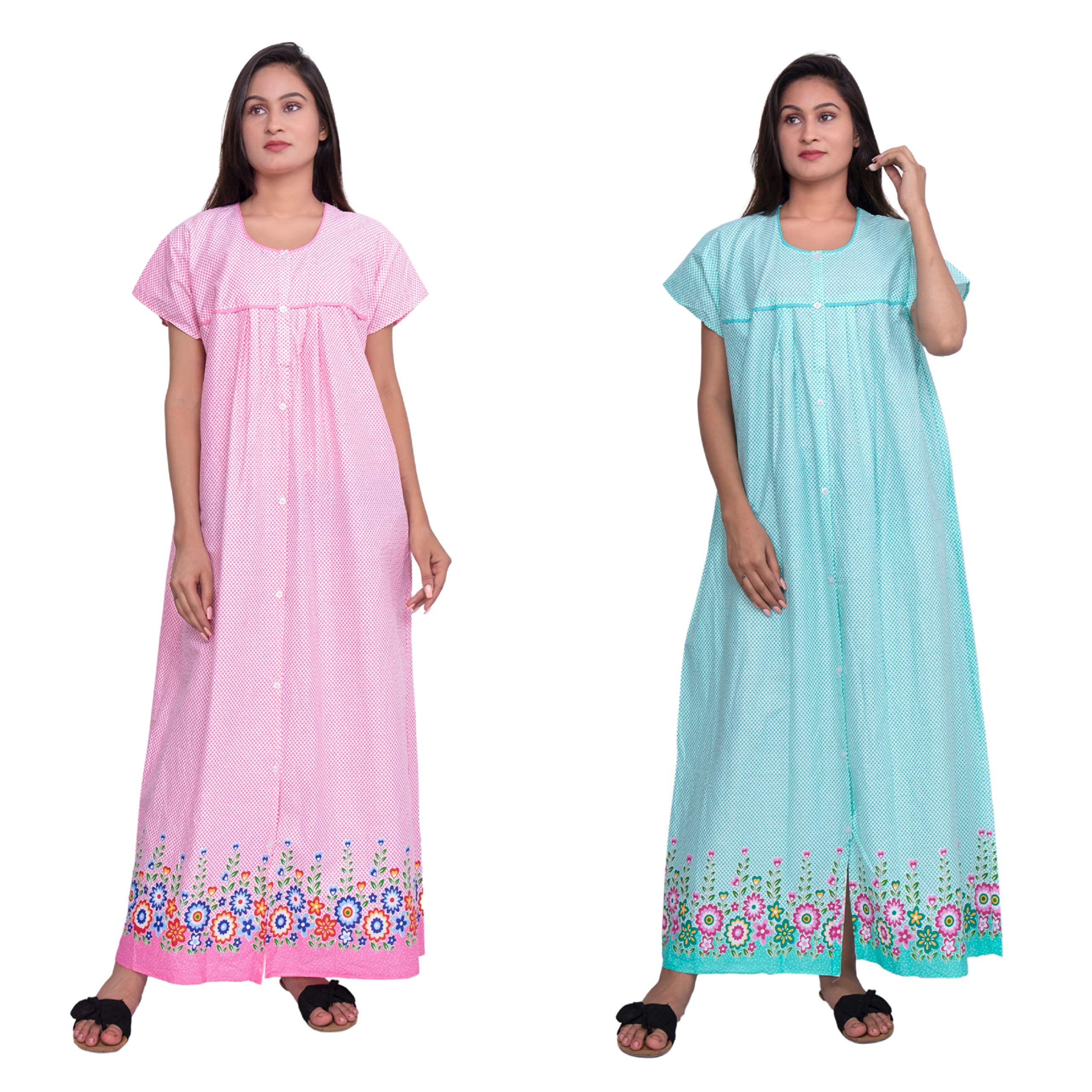 kavya Women's Cotton Plain/Solid Maxi Nighty (FOC_Pink_cgreen_Pink Cgreen_Free Size (XL-XXL))