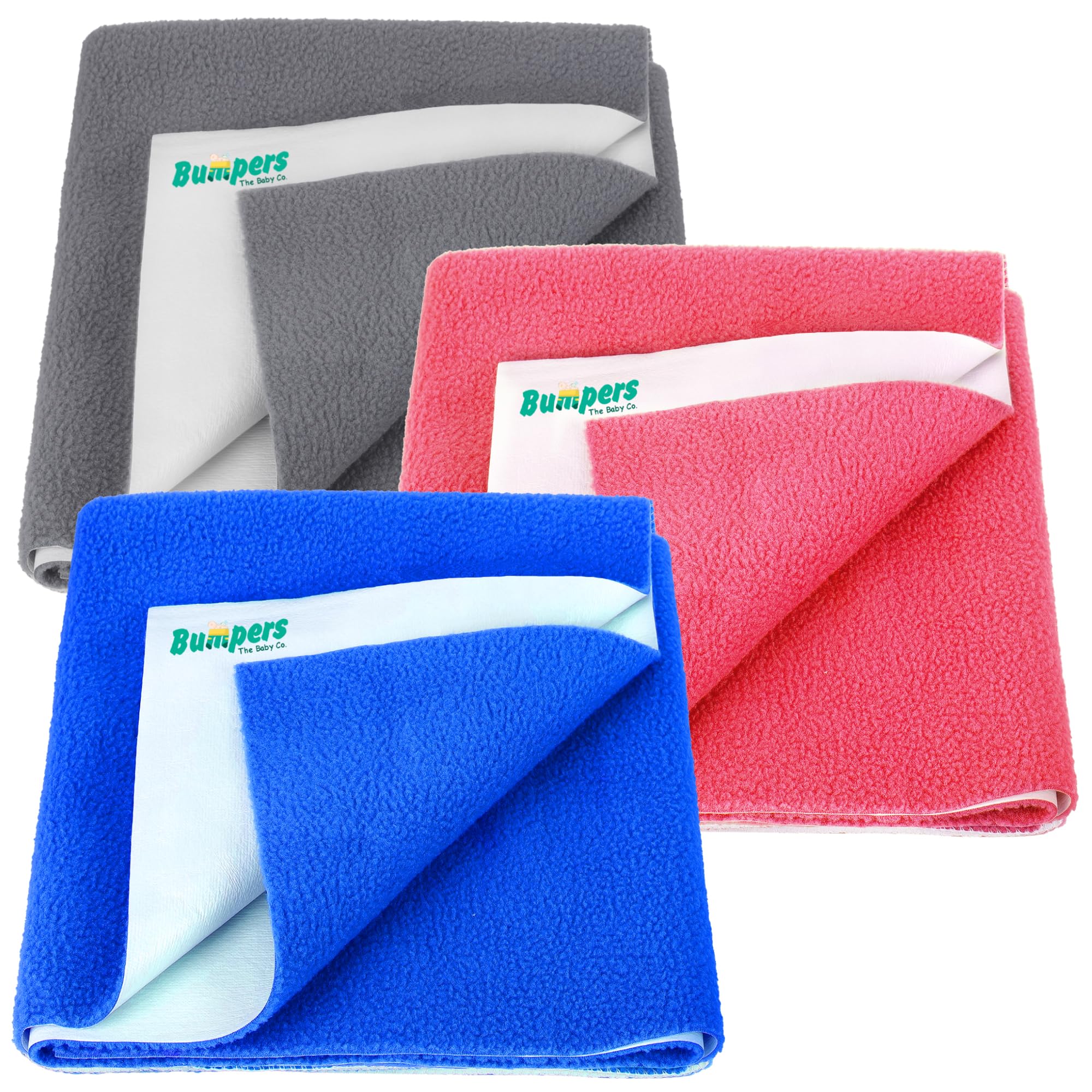 Bumpers Anti-Piling Quick Dry & Absorbent Sheet Polycotton Baby Bed Protecting Waterproof Mat (Royal Blue, Salmon Rose, Grey, Small (70 x 50cm), Pack of 3)