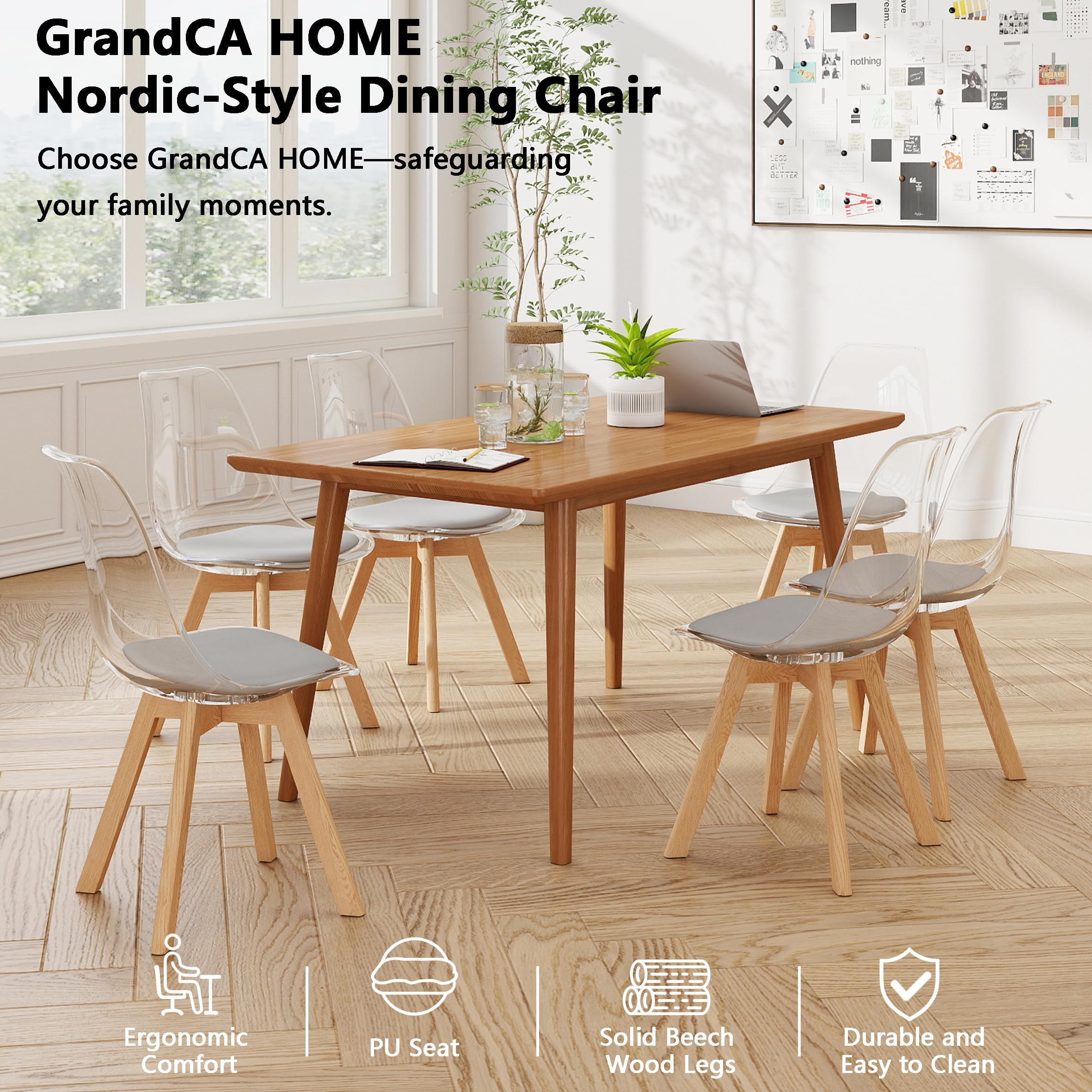 GrandCA HOME Juego de 4 Sillas Nórdicas, Respaldo Transparente,Patas Haya | Silla ergonómica Para Cenas Familiares, Apartamentos y Restaurantes,Almohadón PU, Fácil Limpieza y Montaje Rápido,Gris - PU