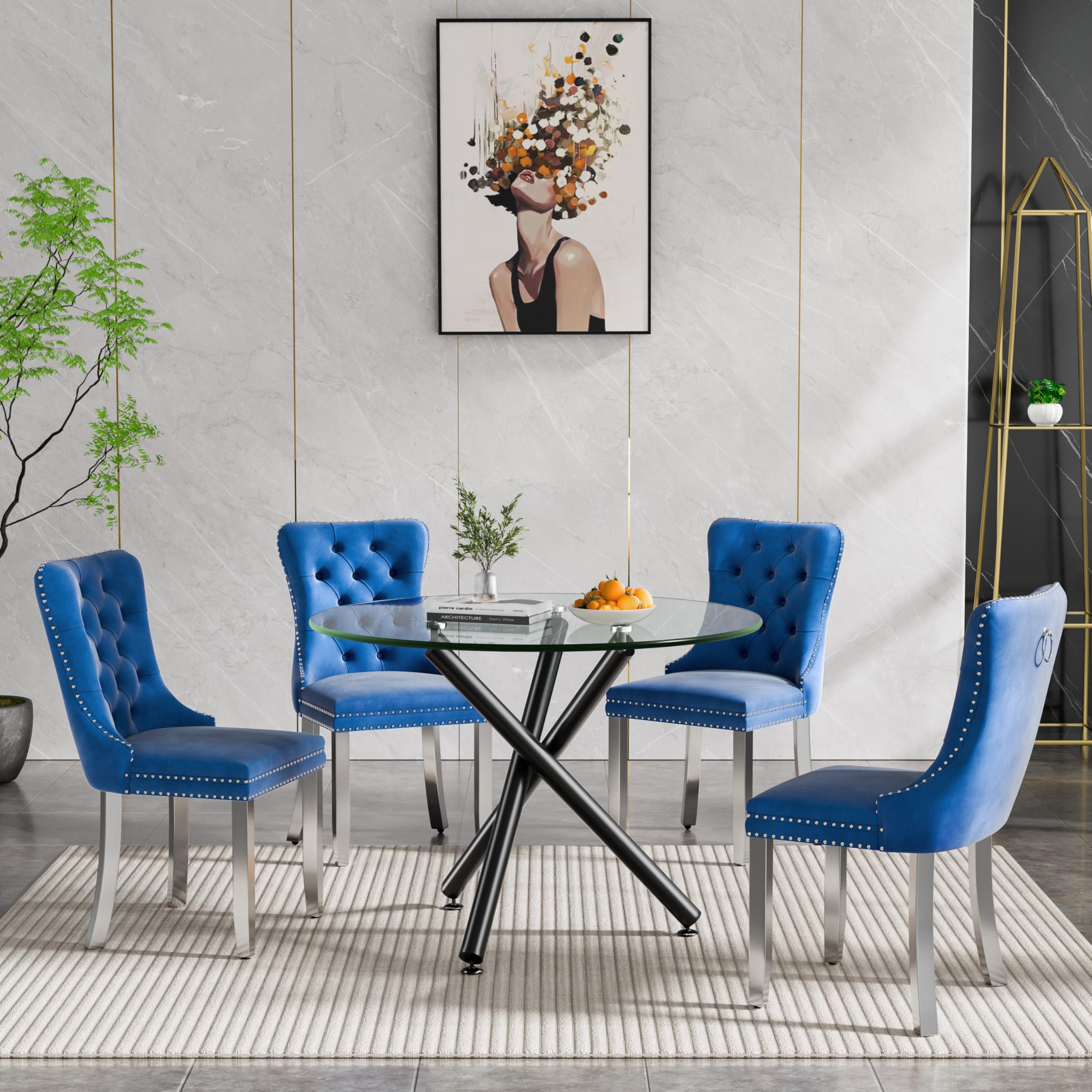 Glass Blue Dining Room Table Set Round Dining Table Set For 4, 36