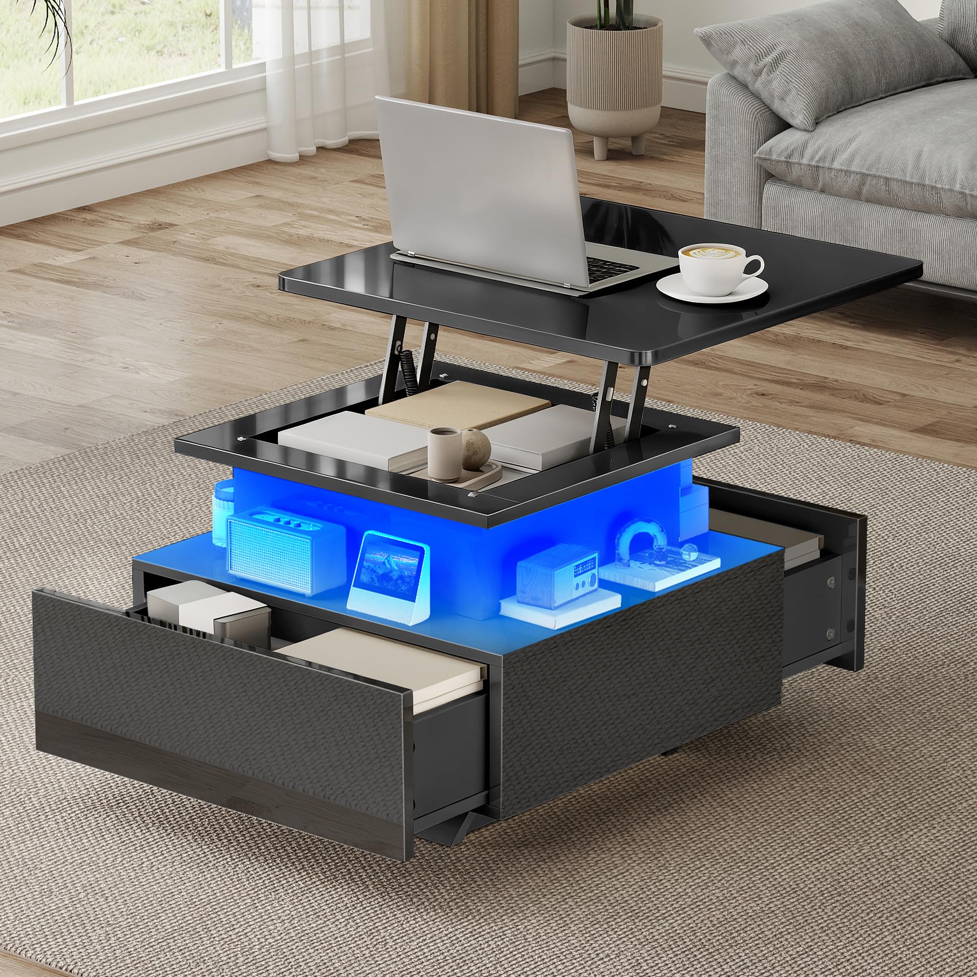 DWVO Couchtisch mit LED, höhenverstellbar, modern schwarz hochglänzend, mit Stauraum & Schubladen für Wohnzimmer, 60x60x45-58 cm