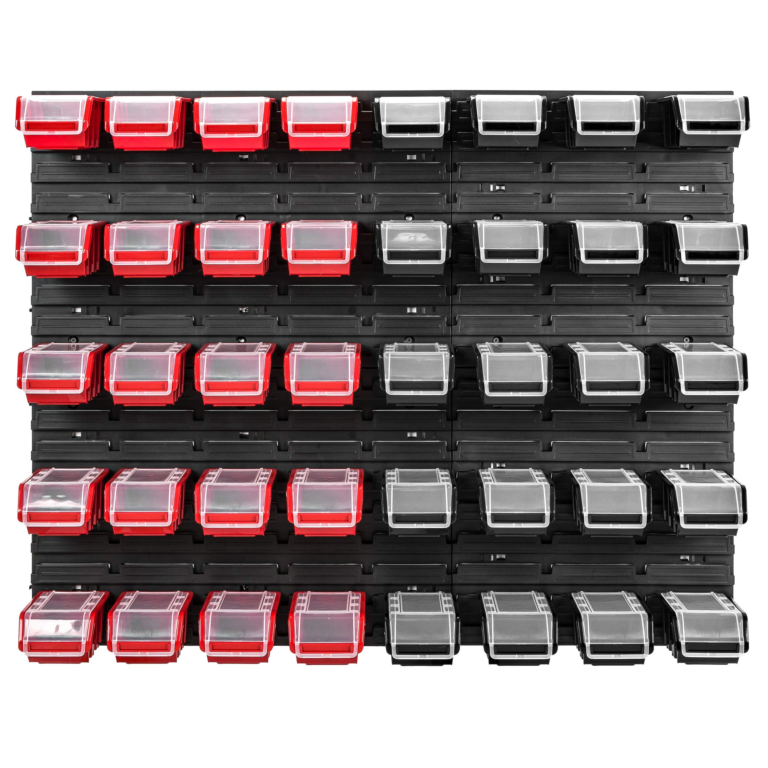 40 cajas apilables de pared con tapa de plástico, 96,5 x 78 cm, banco de herramientas (40 cajas, rojo/negro)