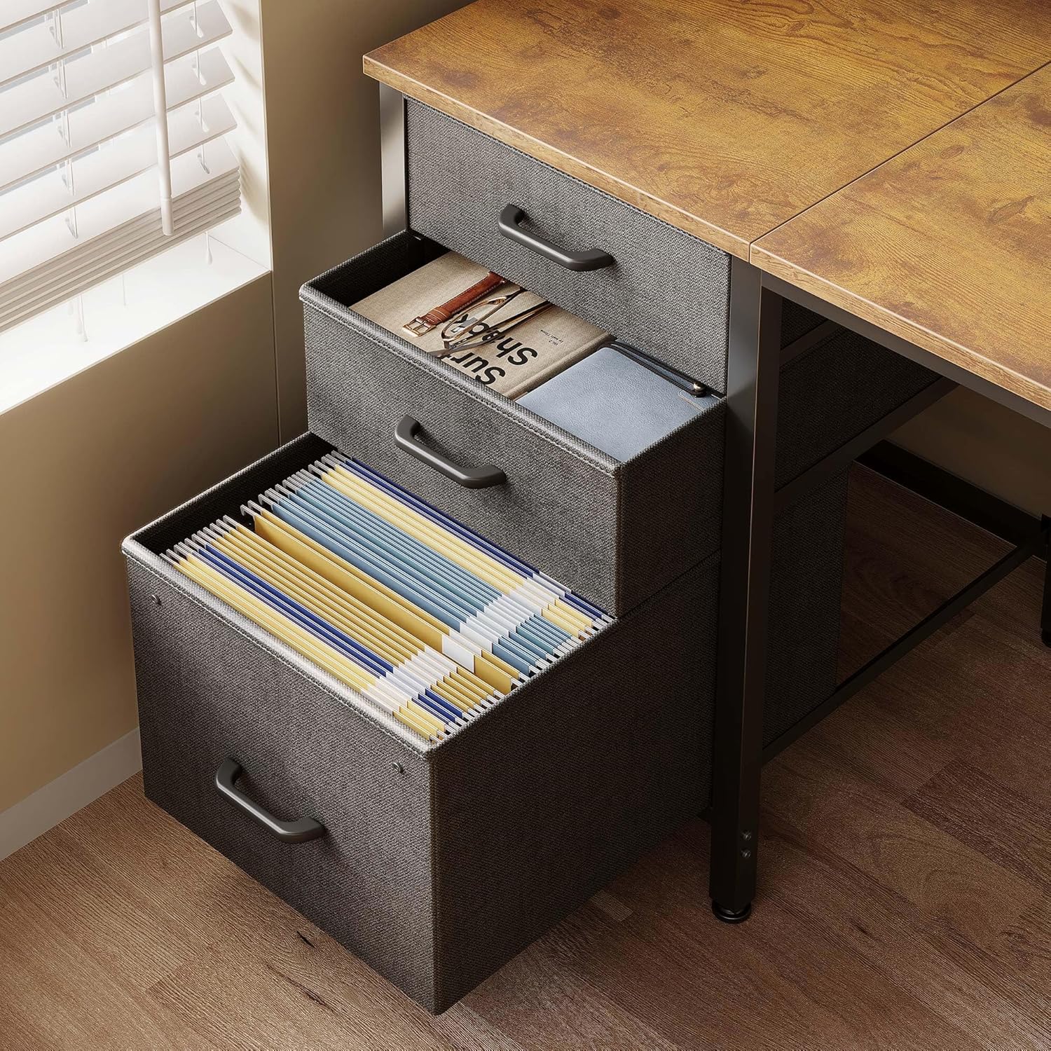 Close-up of fabric drawers and filing cabinet on Casaottima desk