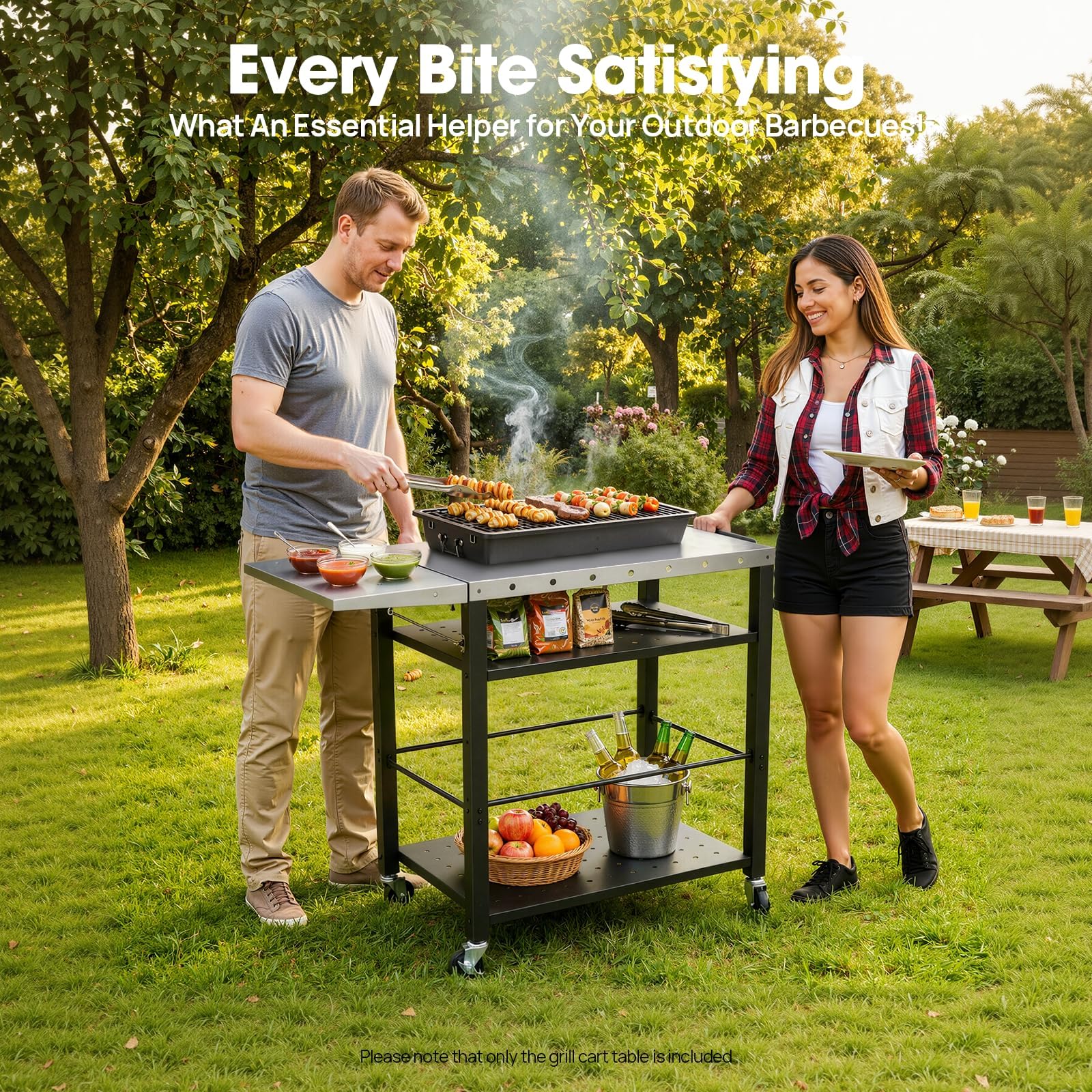 Grillwagen Edelstahl Grilltisch Outdoor Servierwagen mit 4 Ablagen und Rollen, BBQ Küchenwagen Grill Beistelltisch Garten Trolley mit Griff für Camping, Terrasse, Balkon und Küche