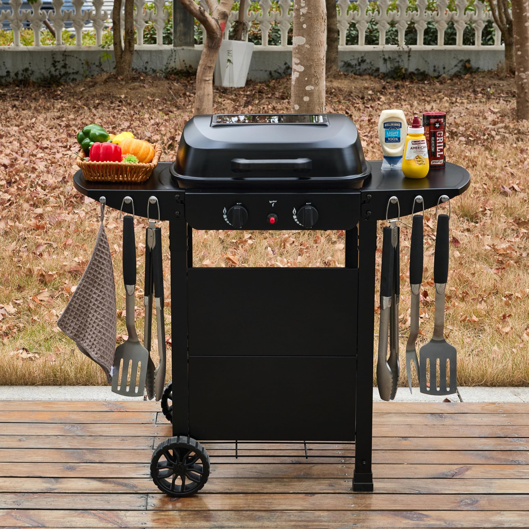 2 Burner Gas Grill BBQ including Cover, Lid and Lava Rock, Foldable Side Tables, Generous 47 x 37cm Cooking Area, Perfect for Outdoor Cooking - 2