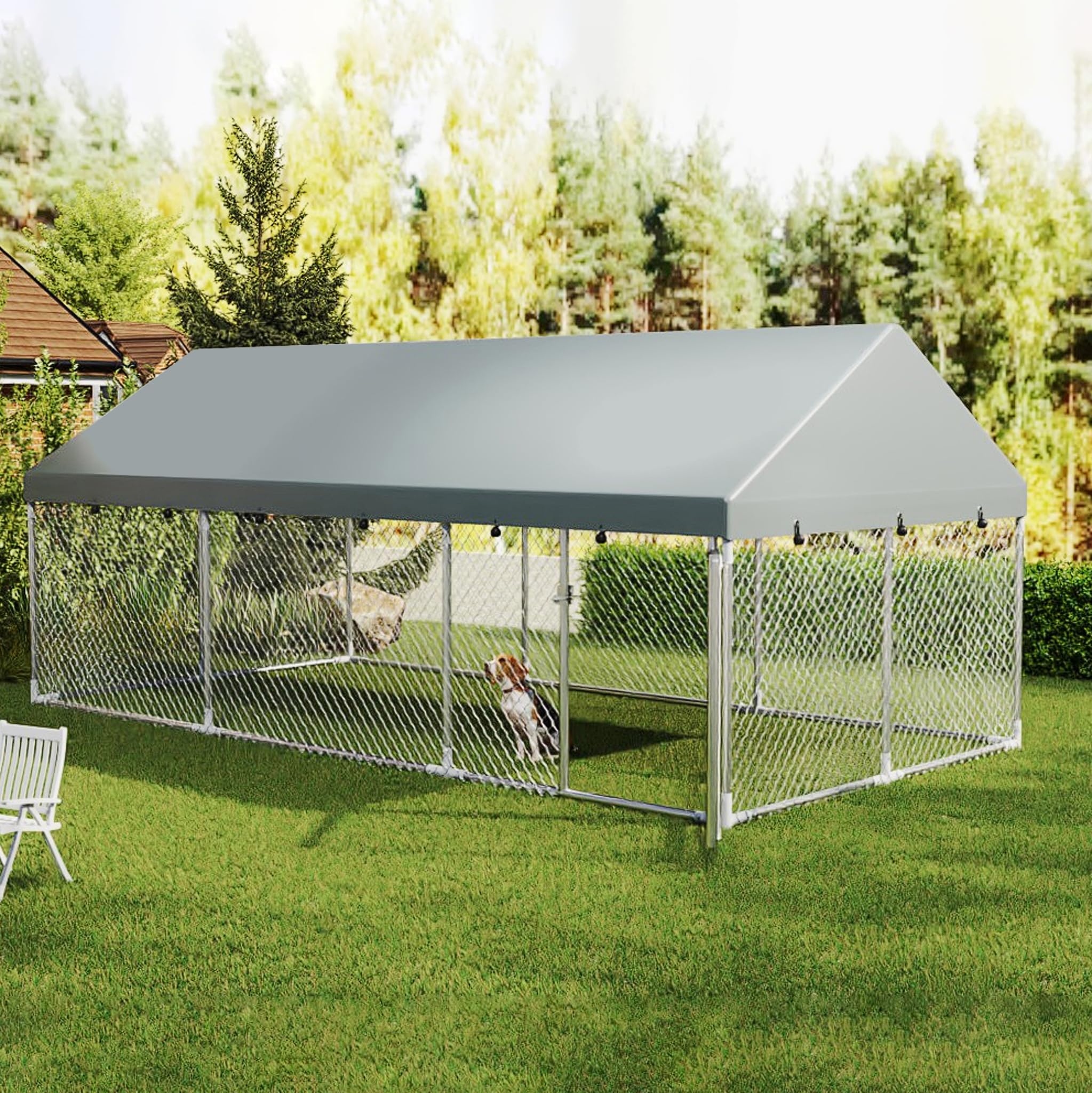 FIVMEN Clôture pour chien - 400 x 200 x 165 cm - En acier galvanisé - Avec protection solaire - Toit et porte verrouillable - Enclos pour chien - Extérieur