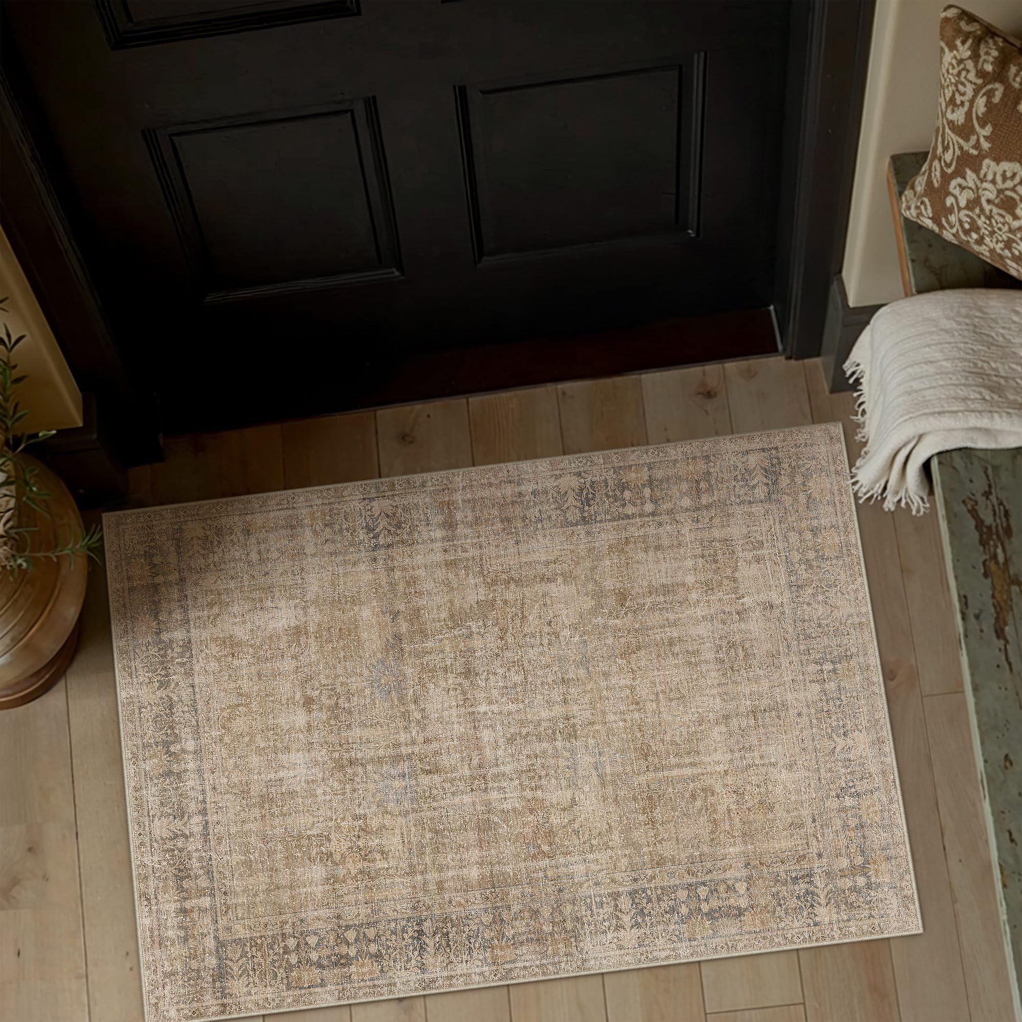 hugear retro 6x9 washable area rugs brown living room bedroom rug vintage distressed throw carpet neutral stain resistant non slip & shedding low pile for home aesthetic decor