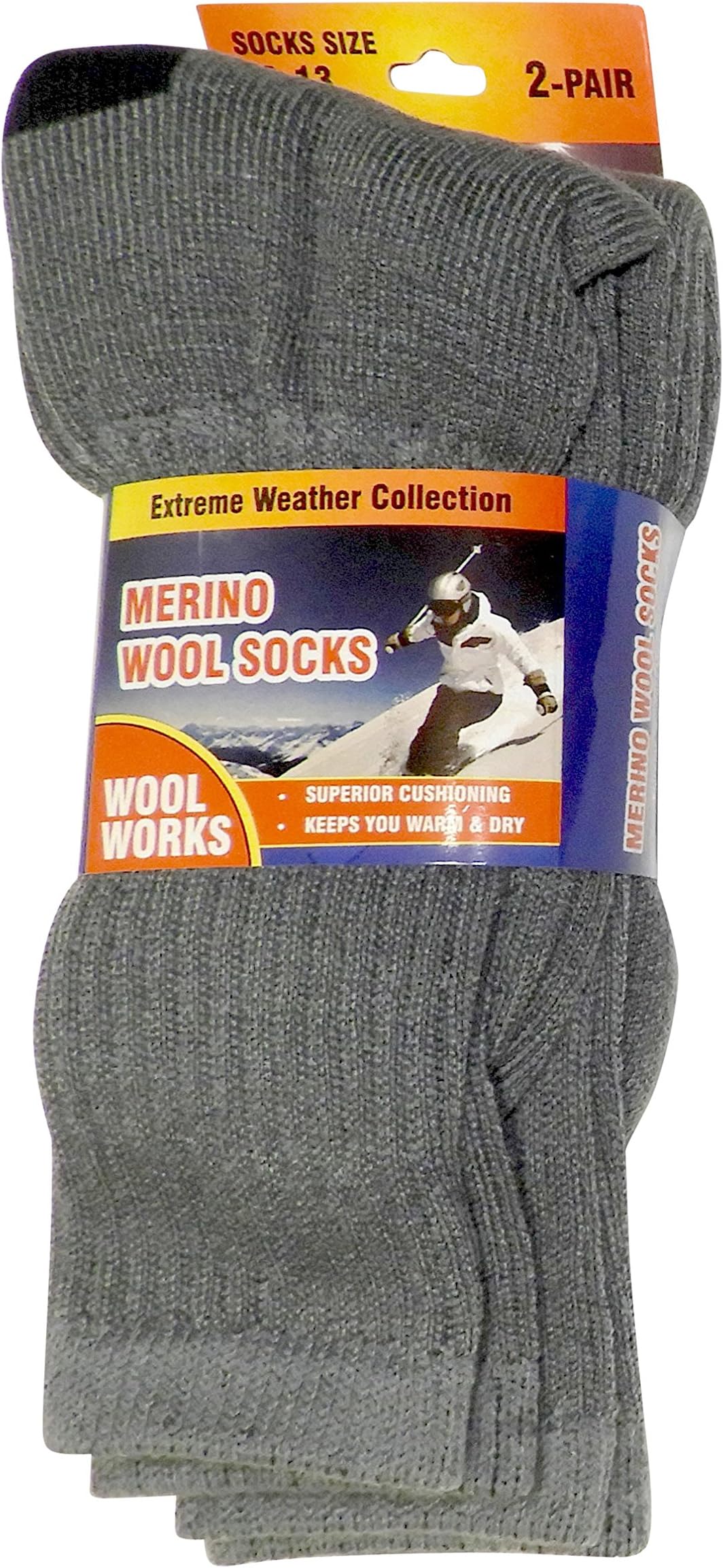 2 Pair Mens Merino Wool Blend Thermal Socks Hiking Outdoor Sport, Grey, Sock Size 10-13