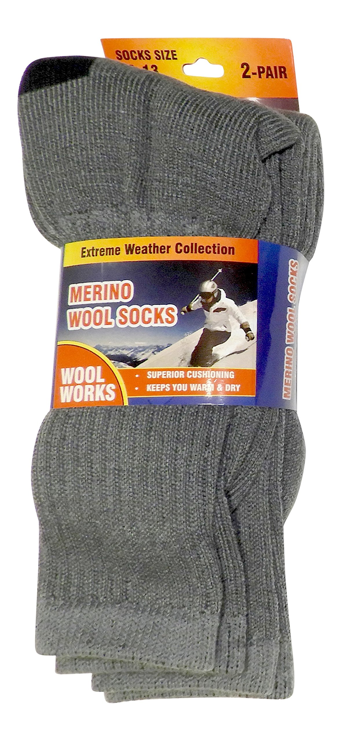 2 Pair Mens Merino Wool Blend Thermal Socks Hiking Outdoor Sport, Grey, Sock Size 10-13