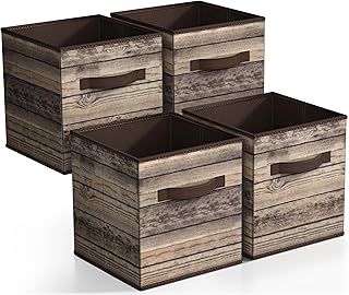 Sorbus Foldable Storage Cube Basket Bin, Rustic Wood Grain Print, 4-Pack (Rustic Bin - Brown)