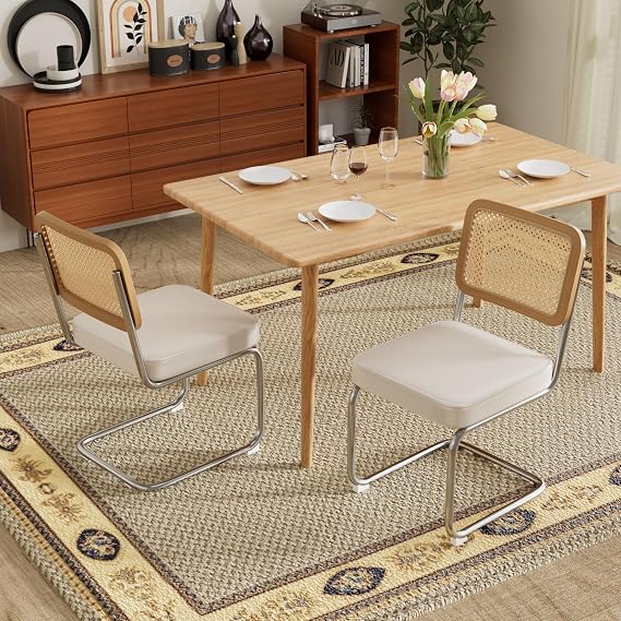Rattan Dining Chairs Set of 2, Mid Century Kitchen Chairs with Natural Mesh Rattan Backrest & Metal Chrome Legs, Cesca Design Velvet Dining Room Chairs for Living Room, Beige(Chair Only)