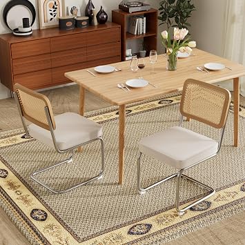 Rattan Dining Chairs Set of 2, Mid Century Kitchen Chairs with Natural Mesh Rattan Backrest & Metal Chrome Legs, Cesca Design Velvet Dining Room Chairs for Living Room, Beige(Chair Only)