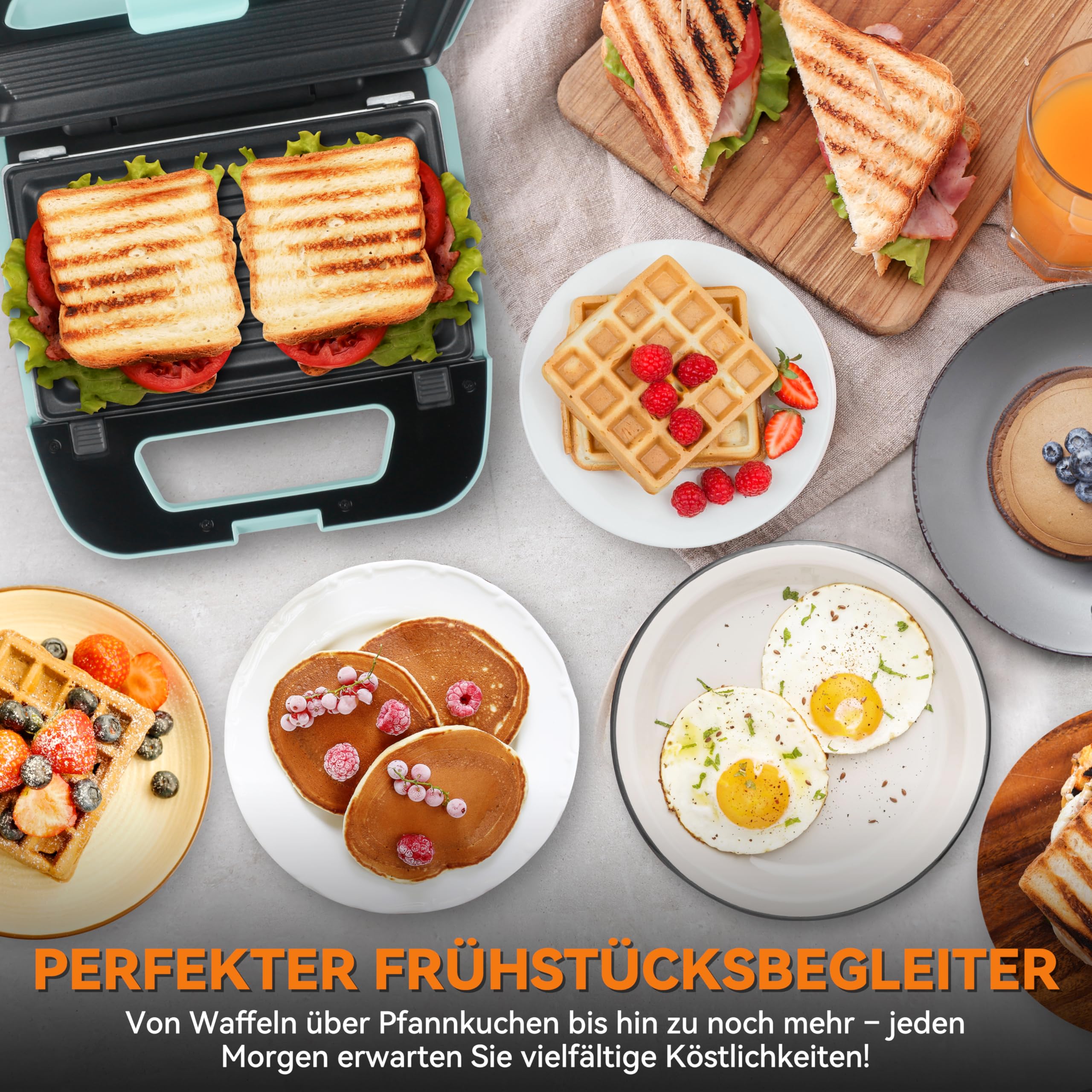 Baker’s Friend 3-in-1 Waffeleisen mit abnehmbaren Platten, quadratisches Waffeleisen mit abnehmbaren Platten, Pfannkuchen- und Sandwichpresse, Grillkäsemacher, antihaftbeschichtet, Edelstahl, Aqua