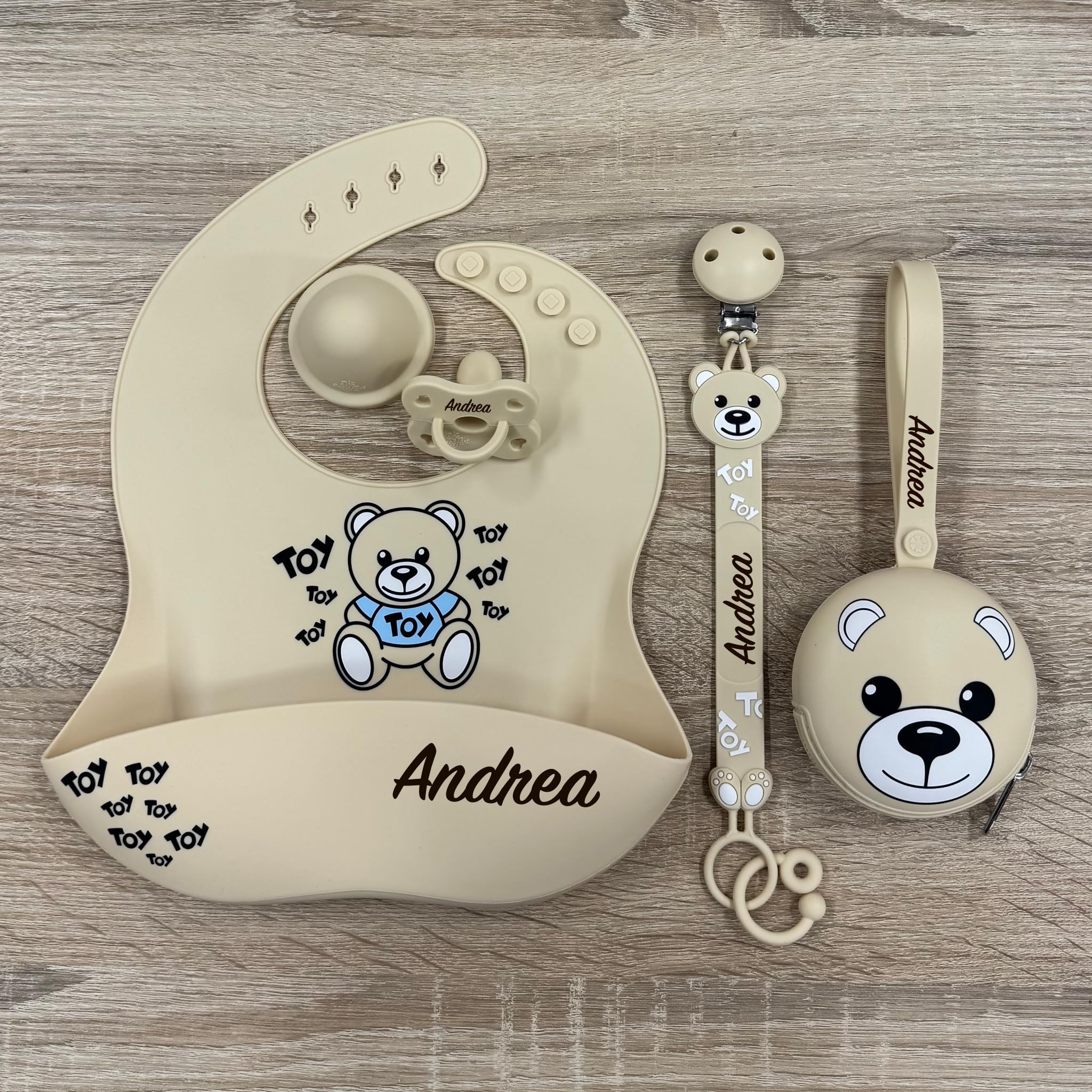 NOVITÁ Fettuccia IN SILICONE, per ciuccio personalizzata con nome, orsetto, BABYJART, lavabile,sicura per il bambino,compatibile con ciuccio MAM e CHICCO AZIENDA ITALIANA, MADE IN ITALY! Orso Beige