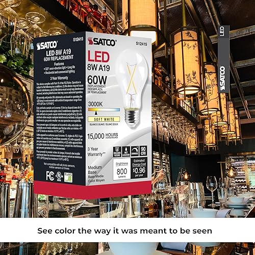 Miniatura 8 de Satco S12415 - Bombilla LED transparente A19 de 8 W, blanco suave de 3000 K, 800 lúmenes, 90 CRI, base E26 media, regulable, 120 V, equivalente a 60