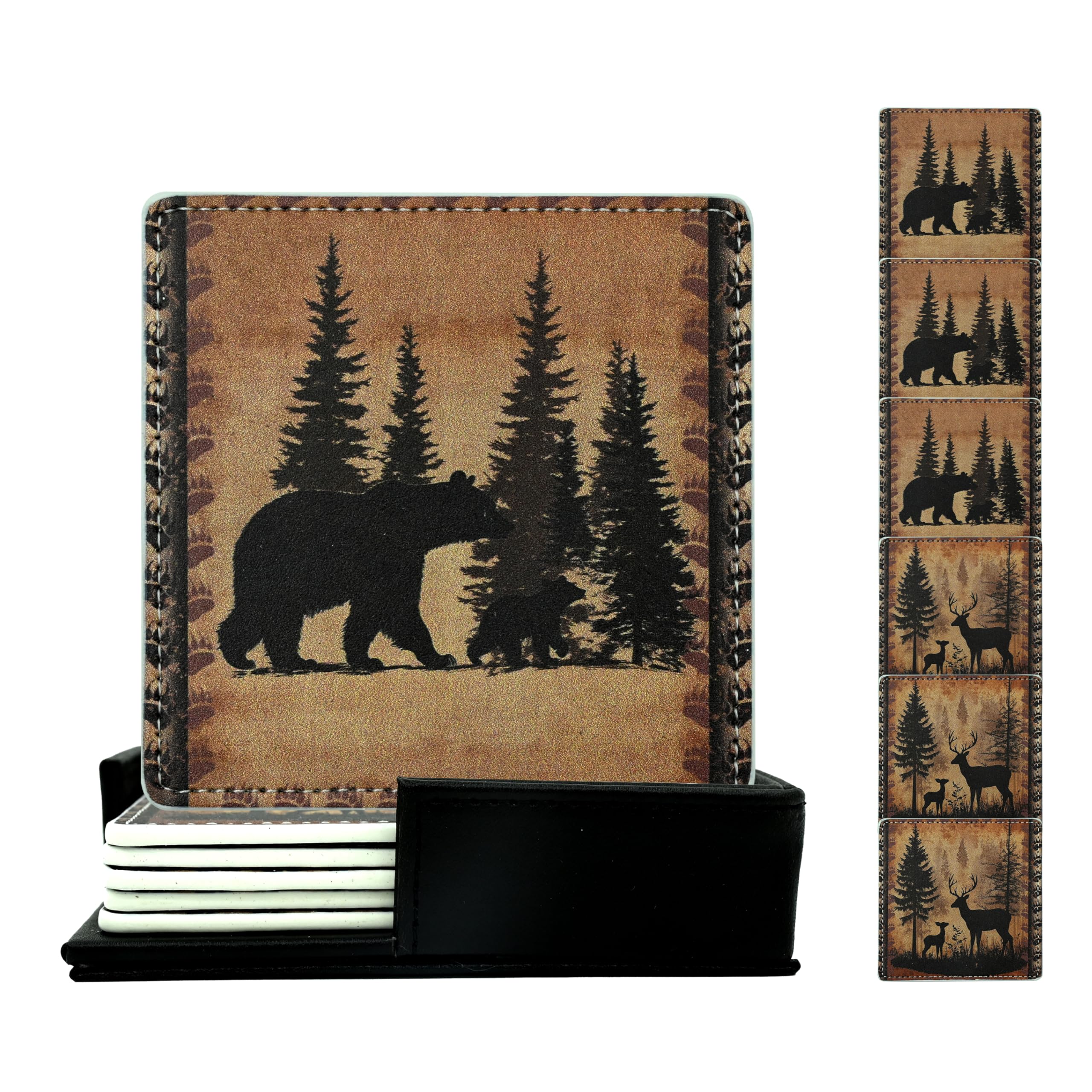 Marble Coasters Square Leather Drinks Coaster Set with Holder for Coffee Table Bar Home Decor 4 Inches Set of 6 (Forest Animals, One Size)
