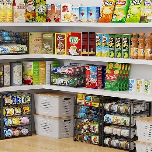 Miniatura 6 de Paquete de 2 organizadores apilables para latas para despensa, soporte ajustable para latas de alimentos enlatados, refrescos, bebidas,