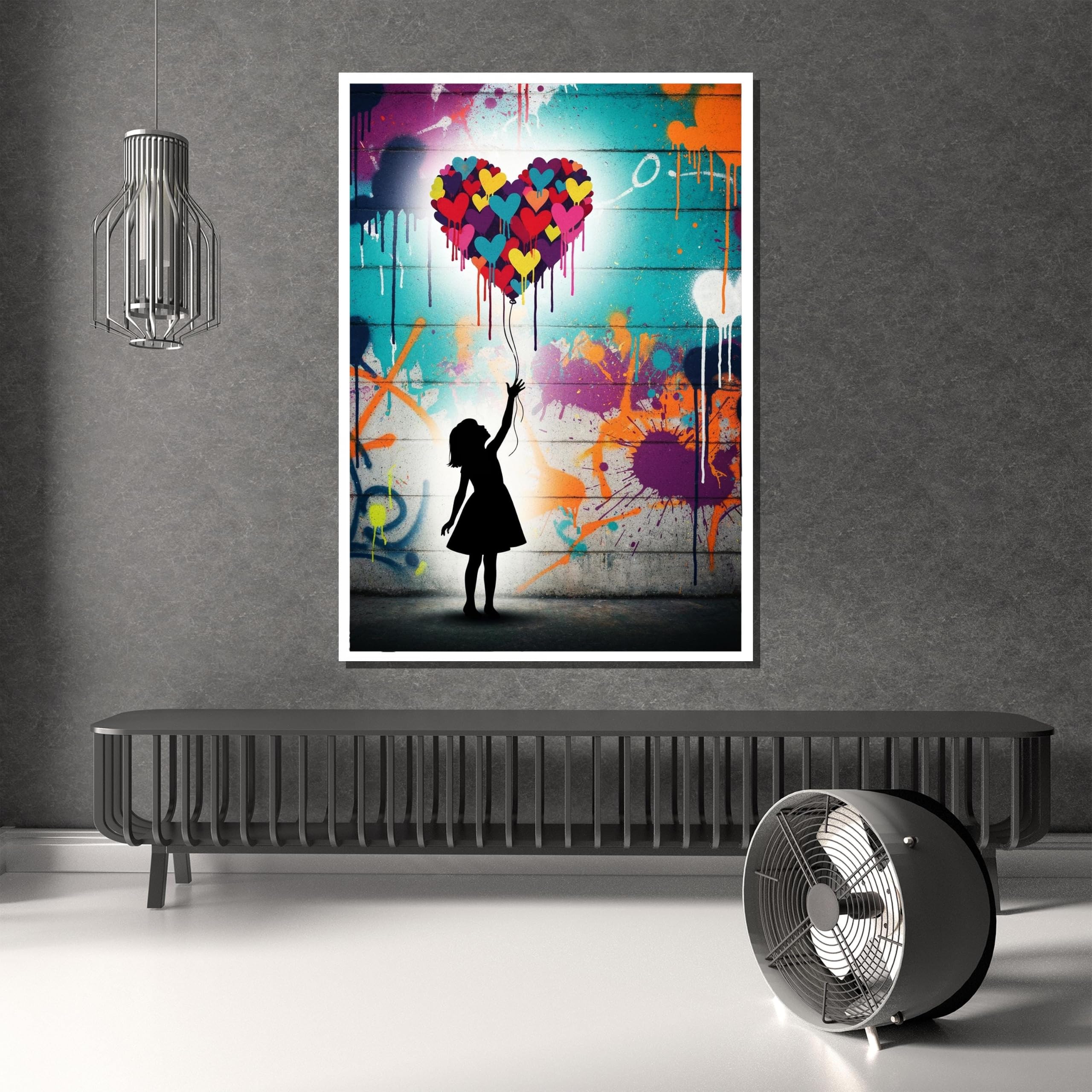 YUSUZHU Quadro su tela con motivo graffiti a forma di cuore e palloncino – Pronto da appendere – Decorazione murale per soggiorno – Poster e stampe di street art urbana (40x60 cm/cornice interna)