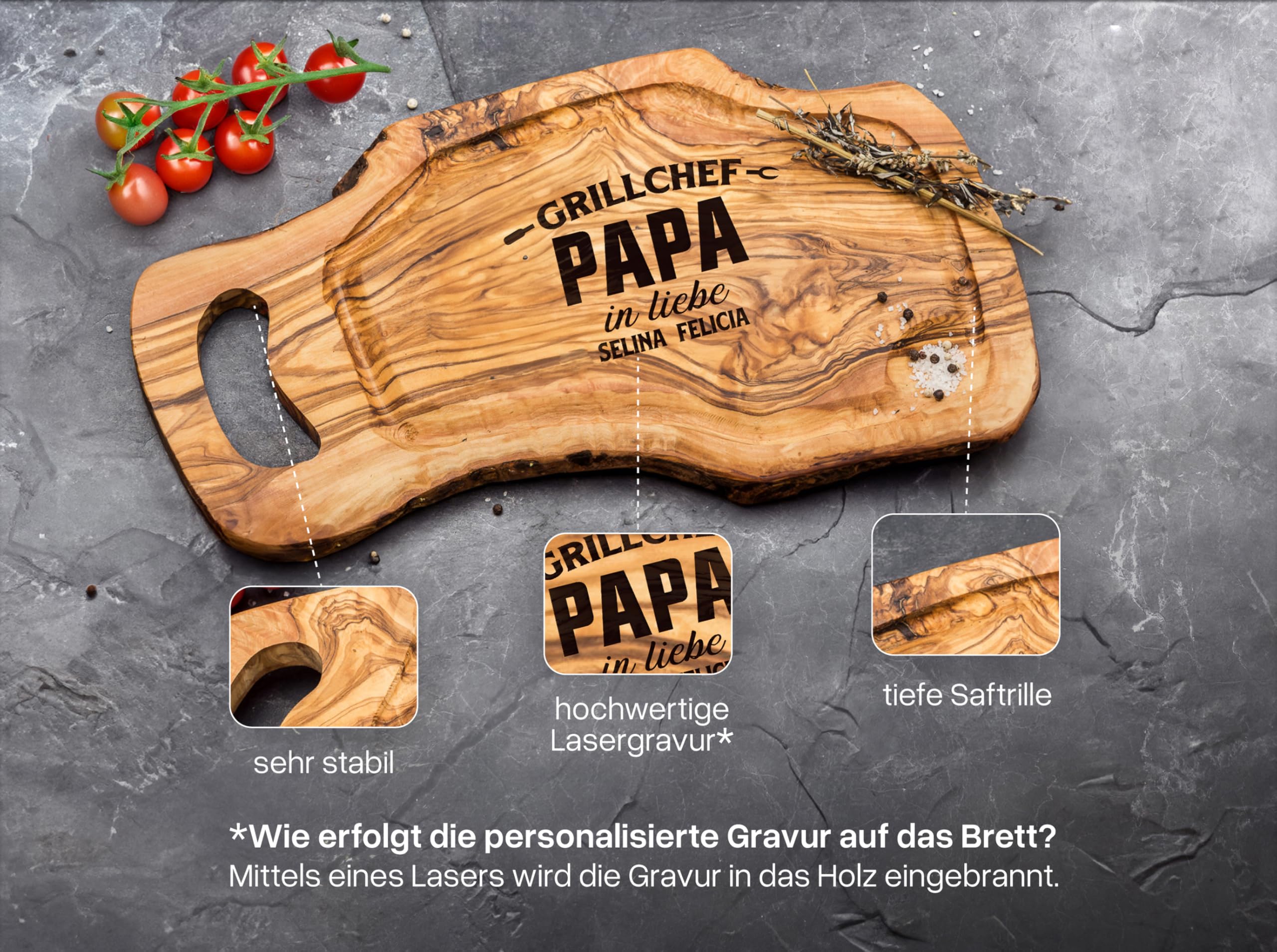 Schneidebrett mit Gravur Olivenholz [+ PERSONALISIERT] | Grillbrett | Grill Geschenke für Männer | Grill Zubehör | Personalisierte Geschenke Männer | Olivenholzbrett | Servierbrett