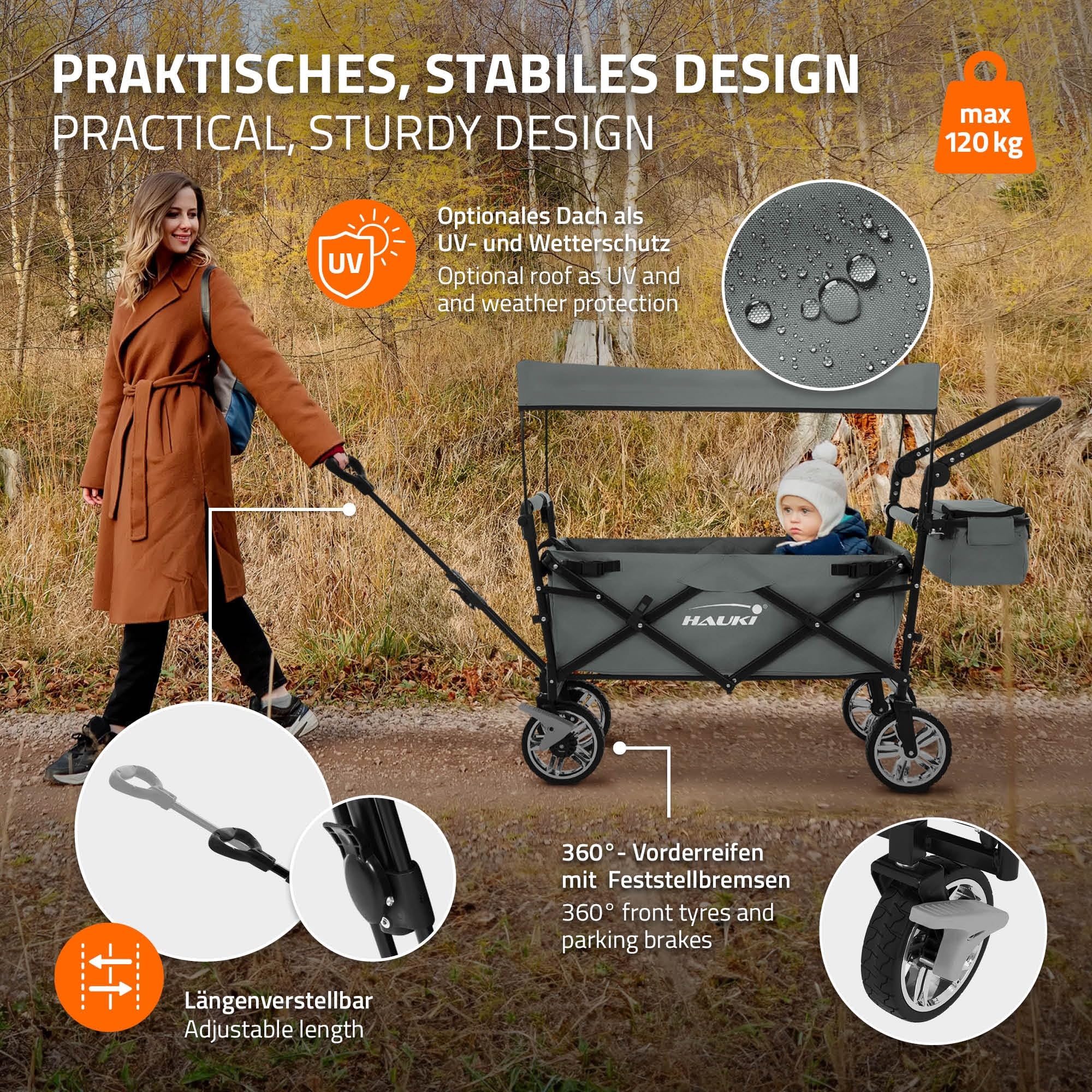 Hauki Chariot de Transport Pliable à Main avec Toit, Gris, Poussette de Plage Jardin avec Sac et Siège à 2 Places, Roulette avec Freins, Pivotante à 360°, Charge Max. 120 kg, pour Enfants/Outils