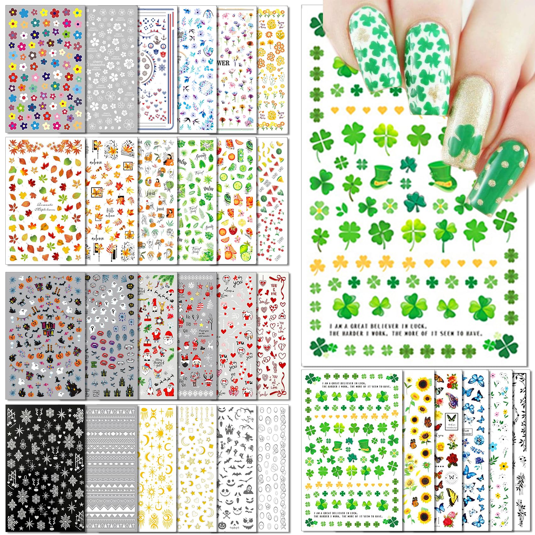 30 Sheets All Holiday Nail Art Stickers, Variety Pack Seasonal Nail Decals, Self-Adhesive Colorful Design for Daisy Flowers Butterflies Star Halloween Christmas