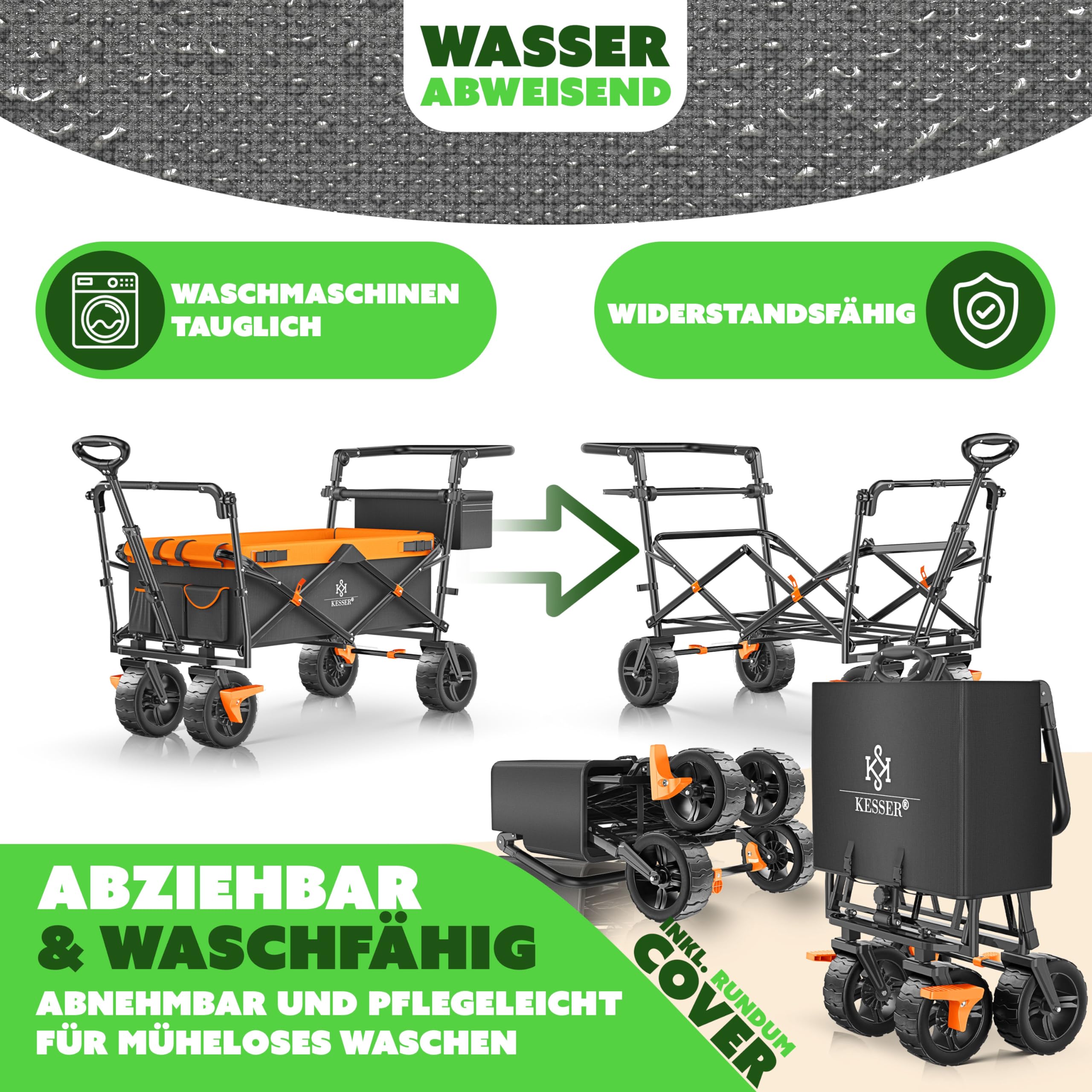 KESSER® XXL Bollerwagen faltbar mit Dach GT9000, klappbarer Handwagen bis 150 kg für Kinder, Strand, Camping & Garten, großer Transportwagen mit Hartgummi Rädern, Bremsen vorne & hinten + Tragetasche