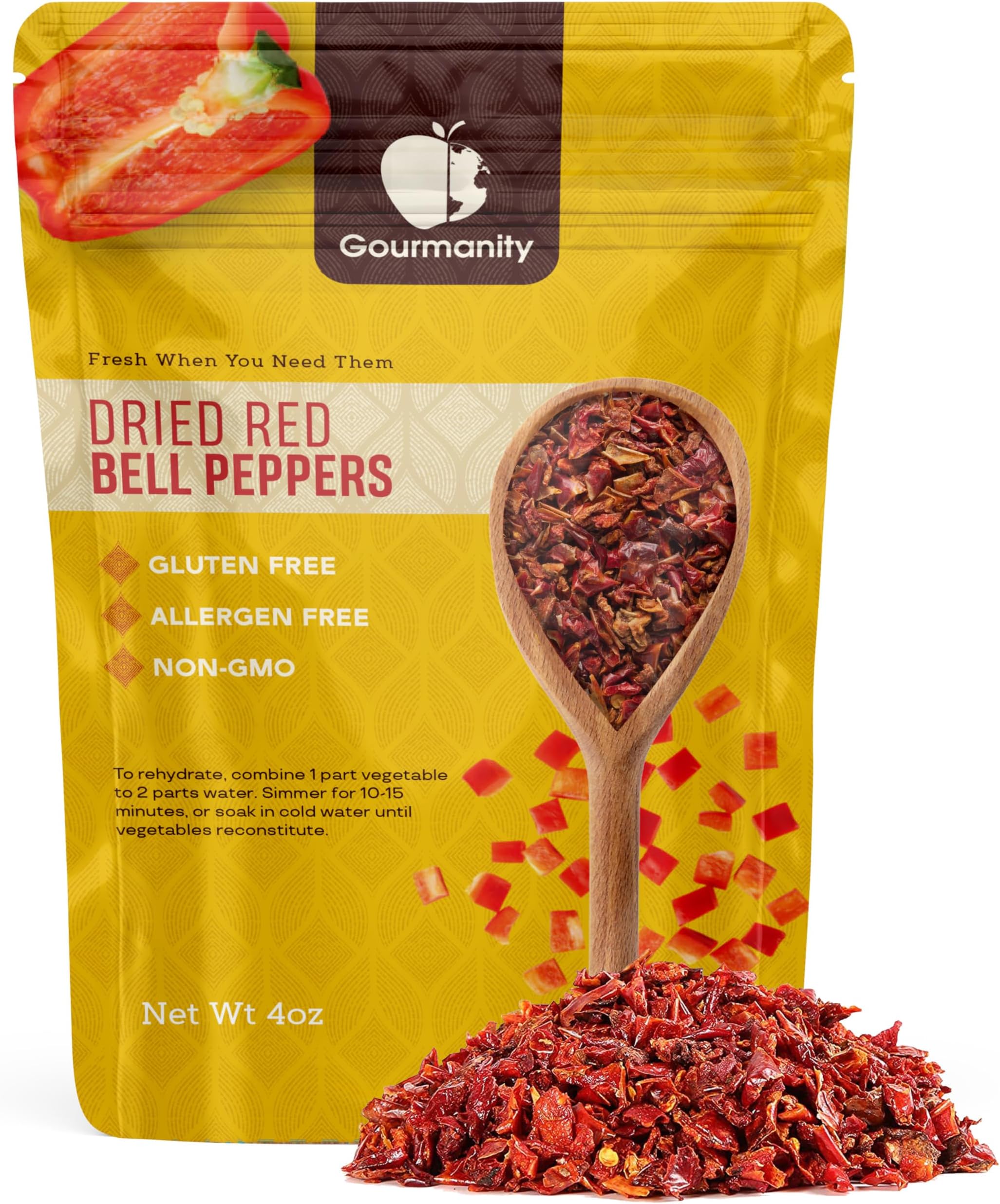 Gourmanity Dried Red Bell Peppers, Flavorful Diced Peppers, Fresh and Appetizing, Perfect for Ramen Bae Ramen Toppings Soups Stir-Frys and Stews, All Natural, Resealable 4oz Bag.