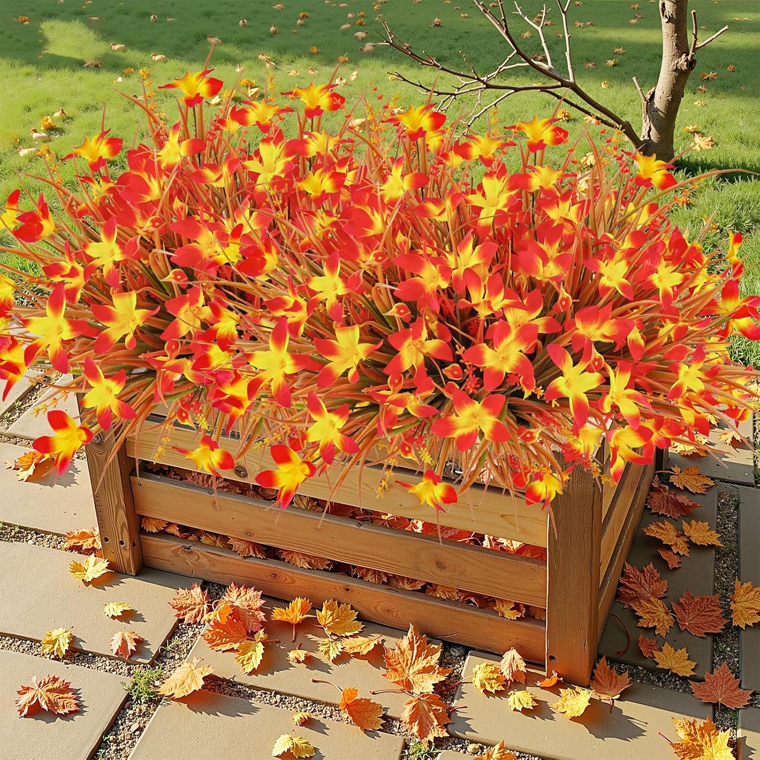 Uieke 72PCS Artificial Mums for Outdoors Fake Fall Outdoor Lavender Flowers Orange Calla Lilly and Autumn Daisy Mums Flowers No Fade for Outside Window Box Porch Planters Garden Thanksgiving Decor Orange Red 72 Bundles