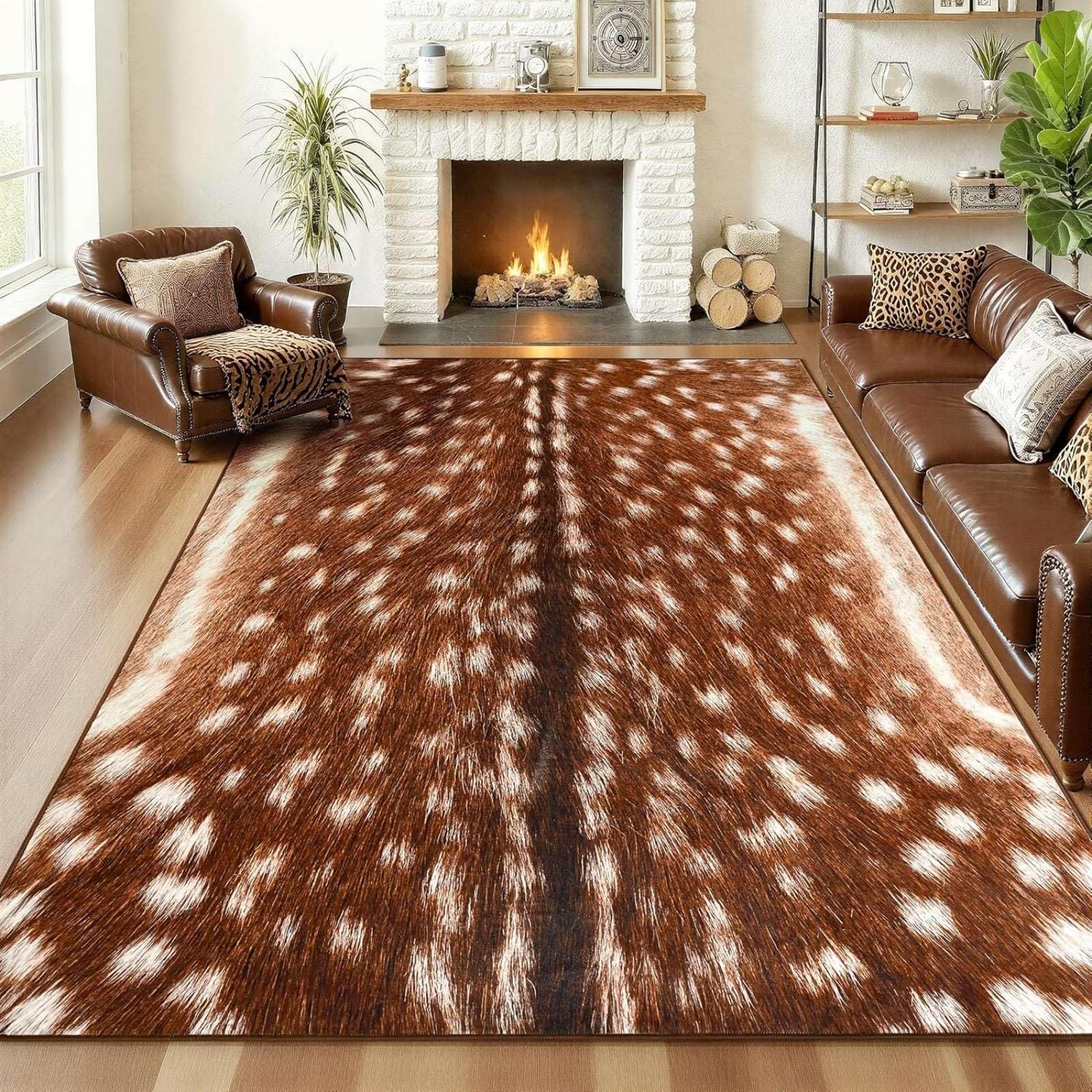 ZLXMN 160x230cm Brown Deer Hide Rug, Faux Animals Printed Hide Deer Rug For Living Room Soft Carpets Rustic Western Rubber-Backed Non-Slip Carpet for Office Bedroom