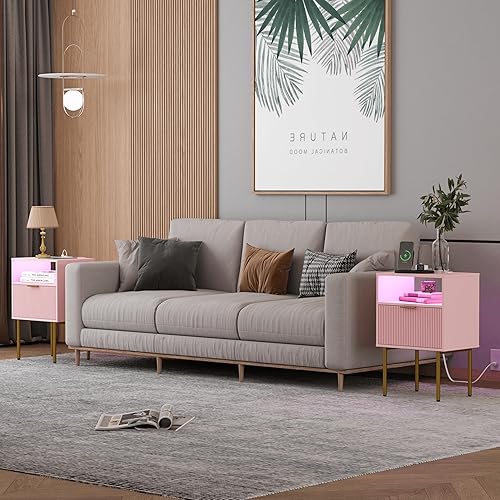 Miniatura 3 de Moderna mesita de noche con estación de carga y luces LED, mesita de noche blanca con cajón, mesa auxiliar acanalada para sala de estar, dormitorio