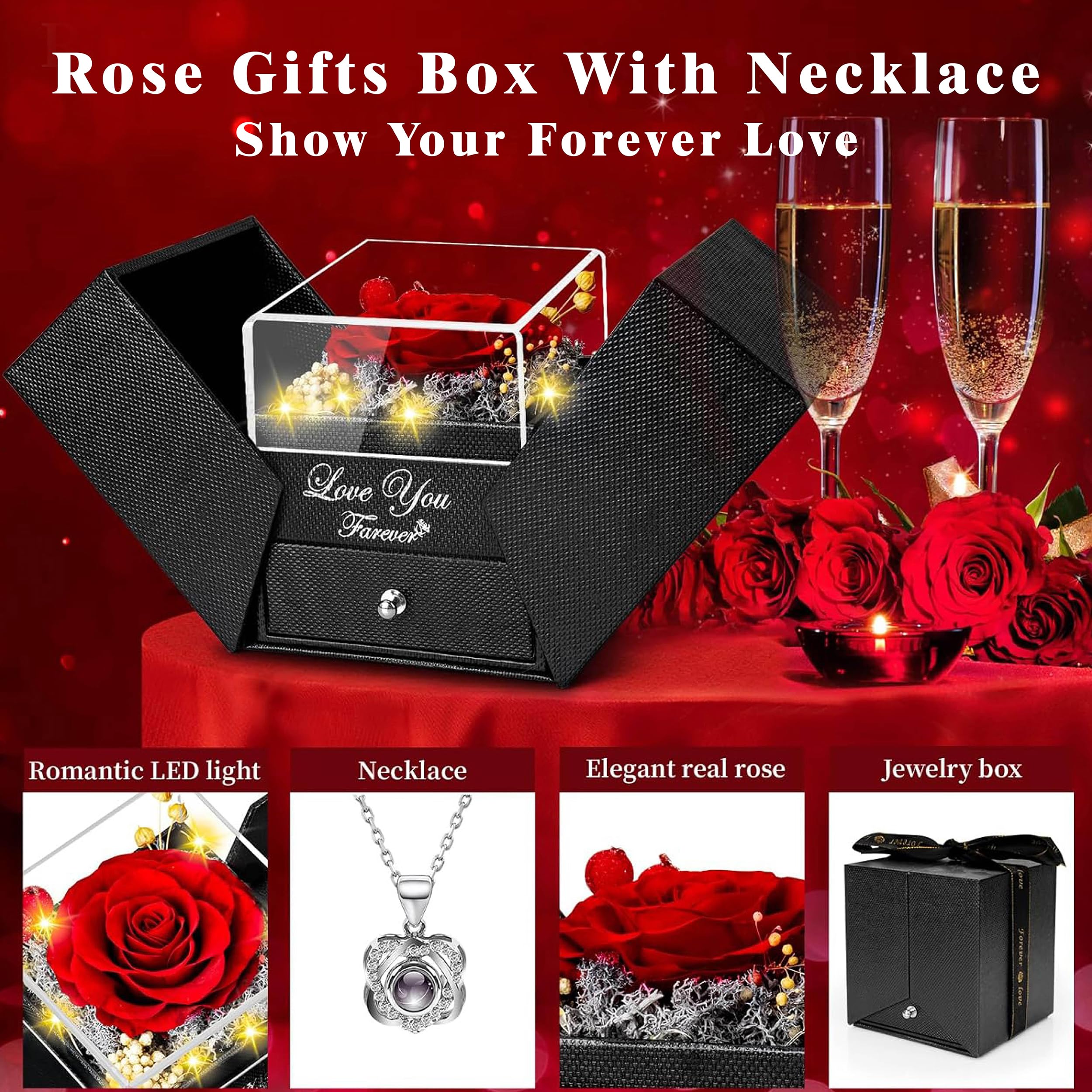 Rosa preservada real roja y collar con frase “te amo”, flores eternas, regalo de cumpleaños para mujer, mamá, esposa, novia, abuela, en San Valentín, Día de la madre, Navidad o aniversario 8