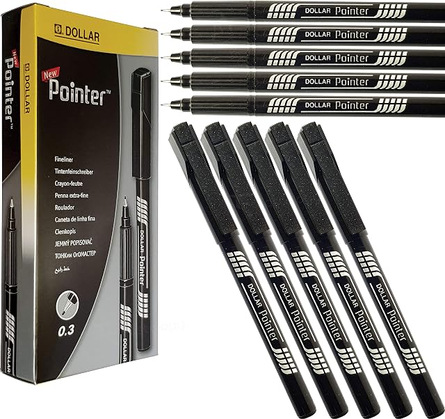 DOLLAR Pointer+ Fineliner Fine Pens Line Mark Draw Write Sketch (10 x 0.3mm BLACK Pens + 2 x PATEL Black Ball Pens)