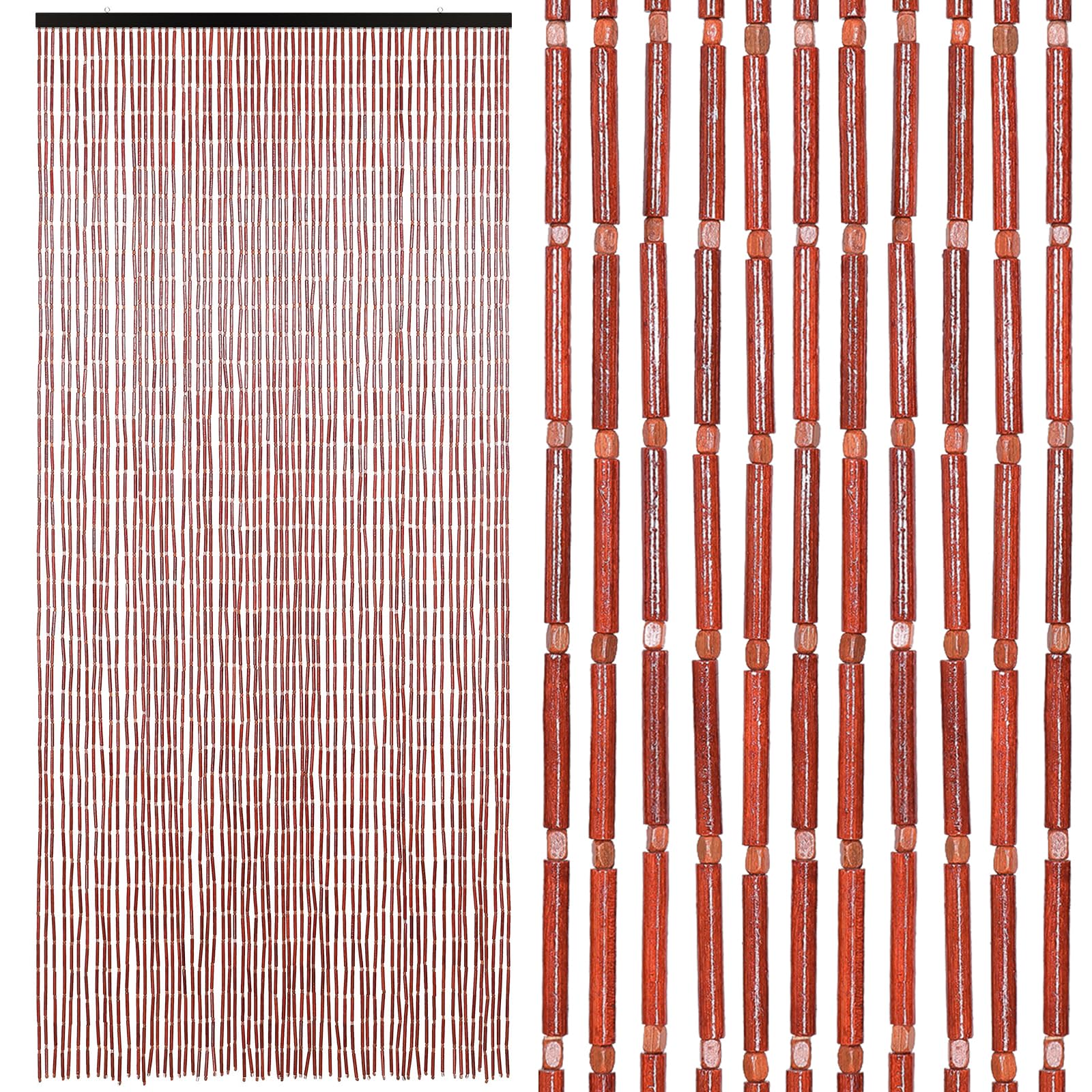 BECHAEO Handmade Bamboo Beaded Curtain for Doorway 65 Strands Door Beads Curtain Hanging Room Divider for Hallway Window Closet Boho Rustic Hippie Home Store Decor, 35.5 x 75 Inches Brown