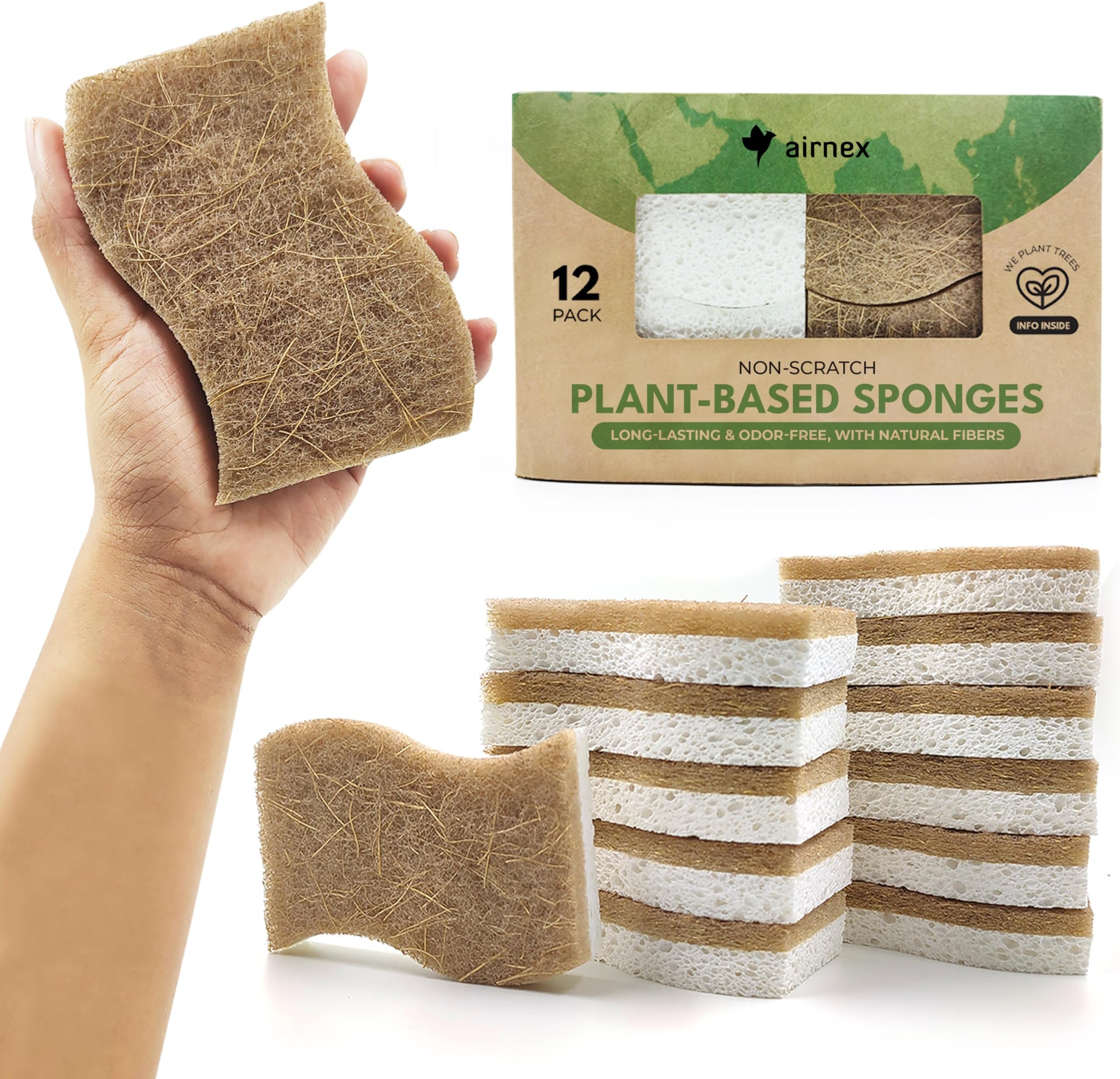 Natural Kitchen Sponges (12 Pack) - Biodegradable Cellulose & Coconut Scrubber Dish Sponges for Kitchen - Eco-Friendly, Non Scratch, Compostable, Non Toxic S-Shaped Natural Sponges for Dishes