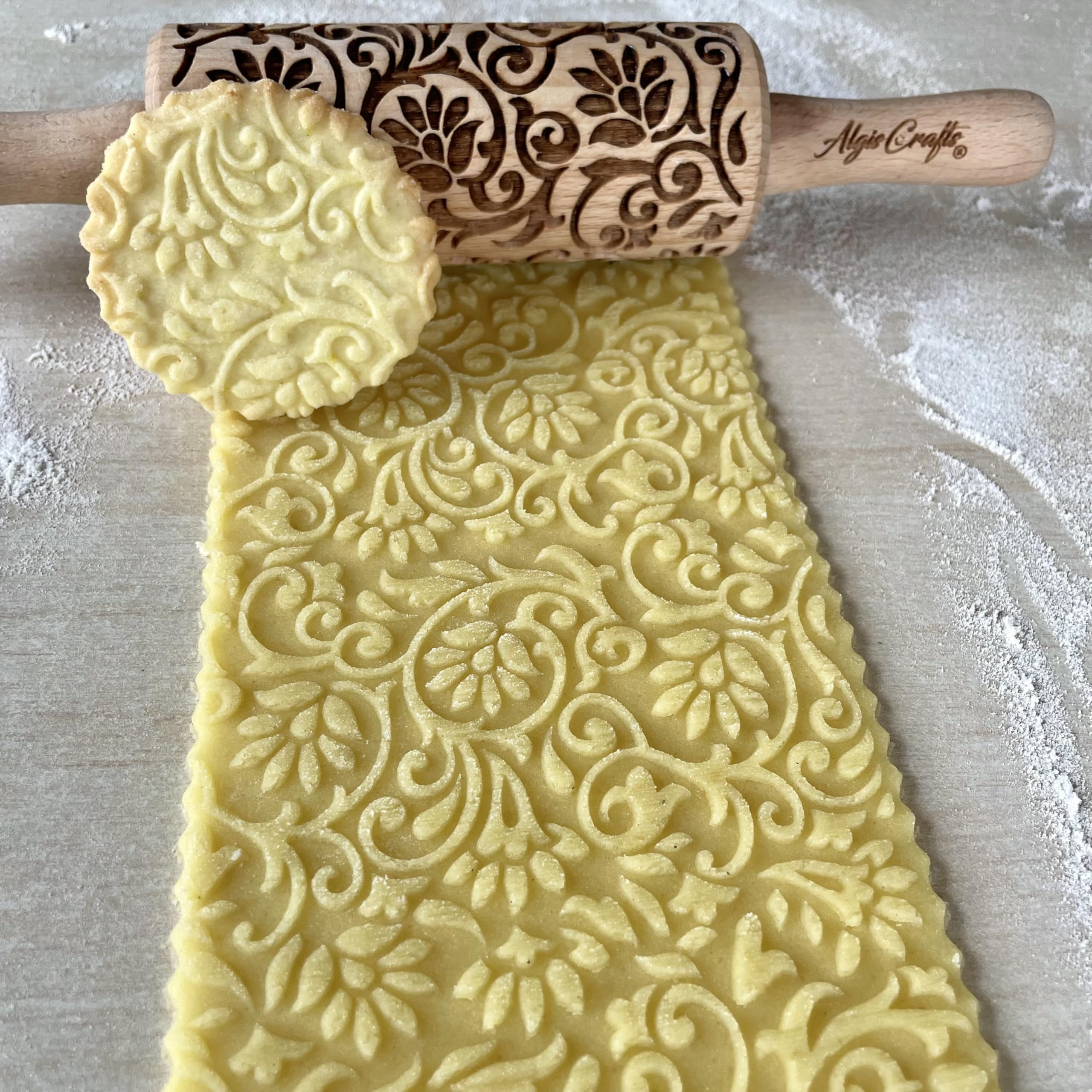 Mattarello Decorativo per Biscotti FIORE - Set di 3 Mattarelli Piccoli | Mattarello Inciso | Rullo per Biscotti e per Modellare per fai da te | Mattarello Legno Goffrato di Algis Crafts
