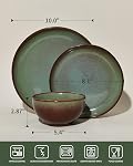 Stoneware Dinnerware Set for 4, POKINI 12 PCS Reactive Glaze Plates and Bowls Set, Handmade Ceramic Dishes Set, Highly Chip and Crack Resistant Modern Plate Sets, Brown Green