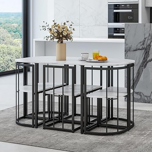 Miniatura 2 de Quarte Moderno juego de mesa de comedor de 7 piezas con mármol sintético, juego de mesa de cocina de metal compacto, diseño de silla triangular,