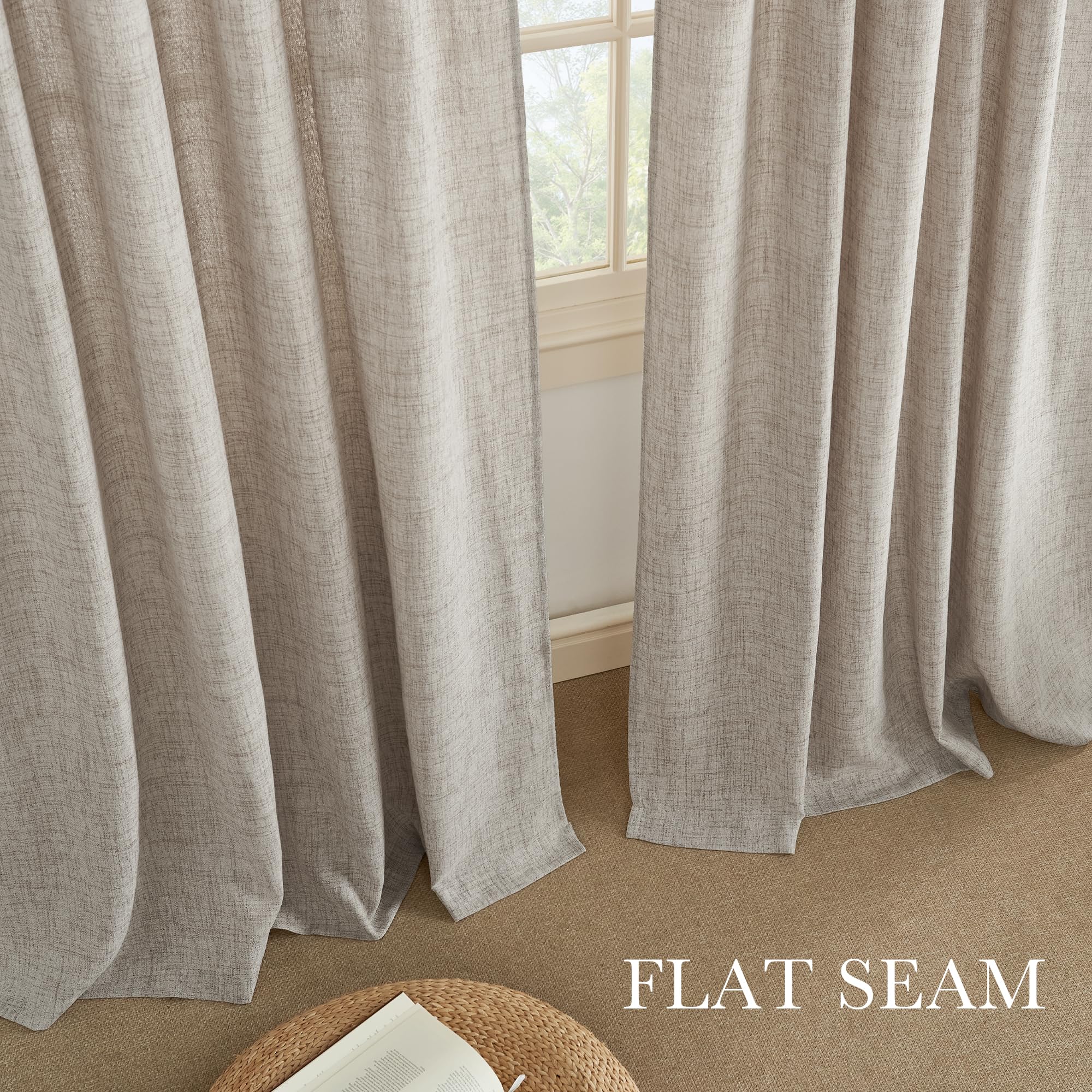 PONY DANCE Rideau Lin Effet - Rideaux Style Lin Épais A Oeillets, Protection de la Vie Privée Chic pour Salon Chambre à Coucher Maison Fenetre, L140xH260cm, 2 Panneaux, Beige