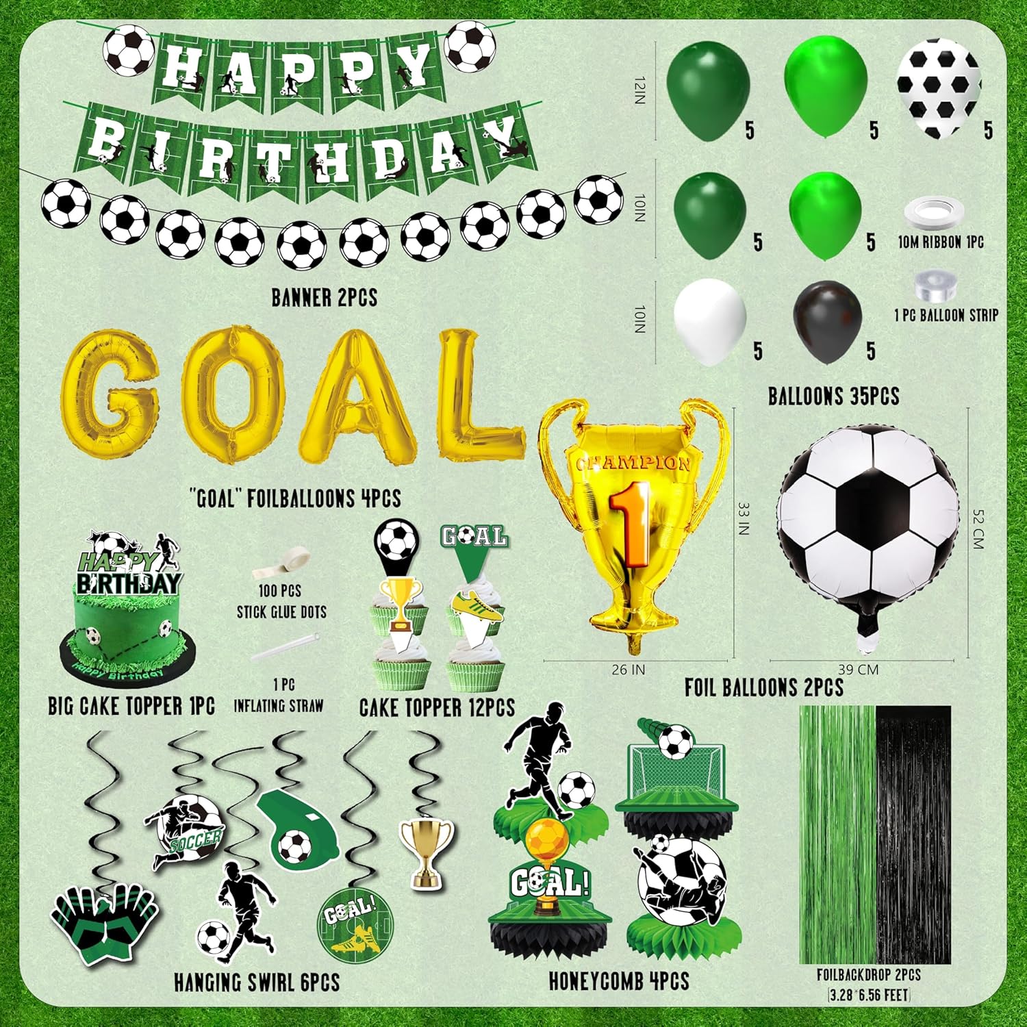 Soccer birthday Party Decorations, Soccer Birthday Party Supplies Kit, Include Sport Themed Birthday banner, Foil Fringe,Hanging Swirls, Soccer Balloons, Cake&Cupcake Toppers - Image 2