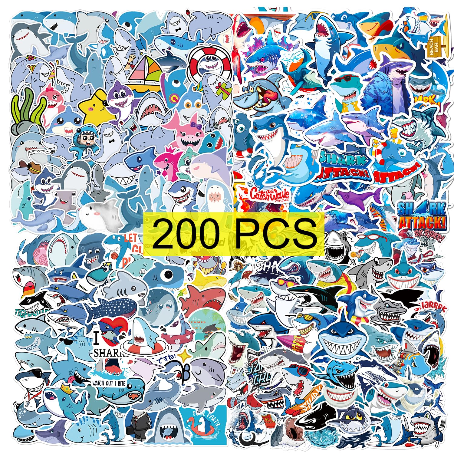 GTOTd Shark Stickers (200Pcs) Cute Animal Cartoon Gifts Merch Party Supplies Vinyl Water Bottle Luggage Guitar Phone Skateboard Aesthetic Decor for Teens Adults
