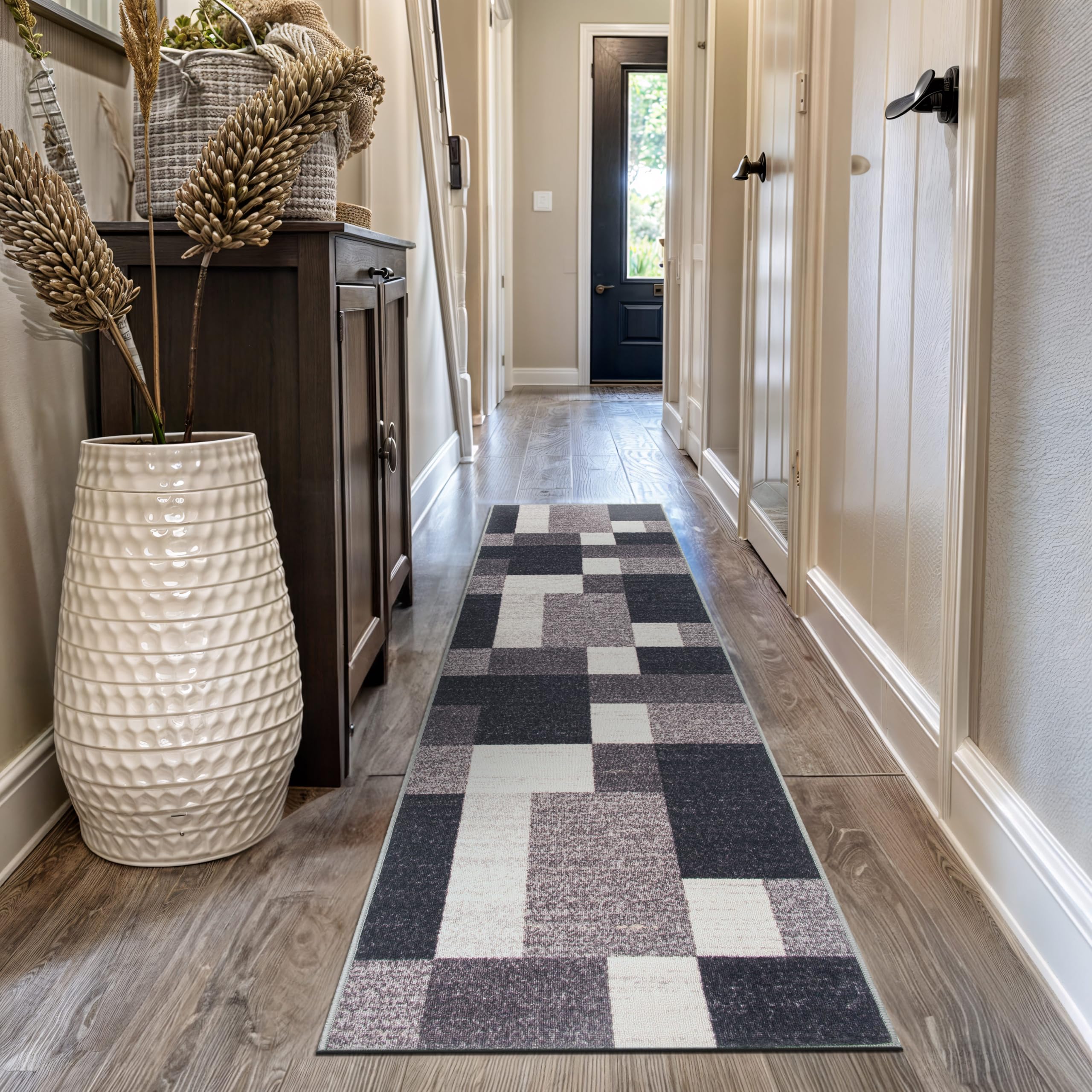 Rugshop Modern Boxes Design Non-Slip (Non-Skid) Carpet for Hallway,Entryway,Kitchen Runner Rug 2'7" x 8' Gray