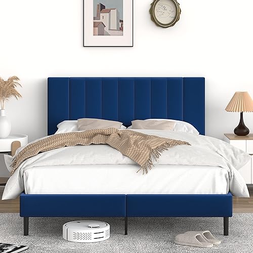 Flolinda Base de cama de tamaño matrimonial con cabecero marco de cama tapizado de terciopelo base de colchón de metal resistente con listones de
