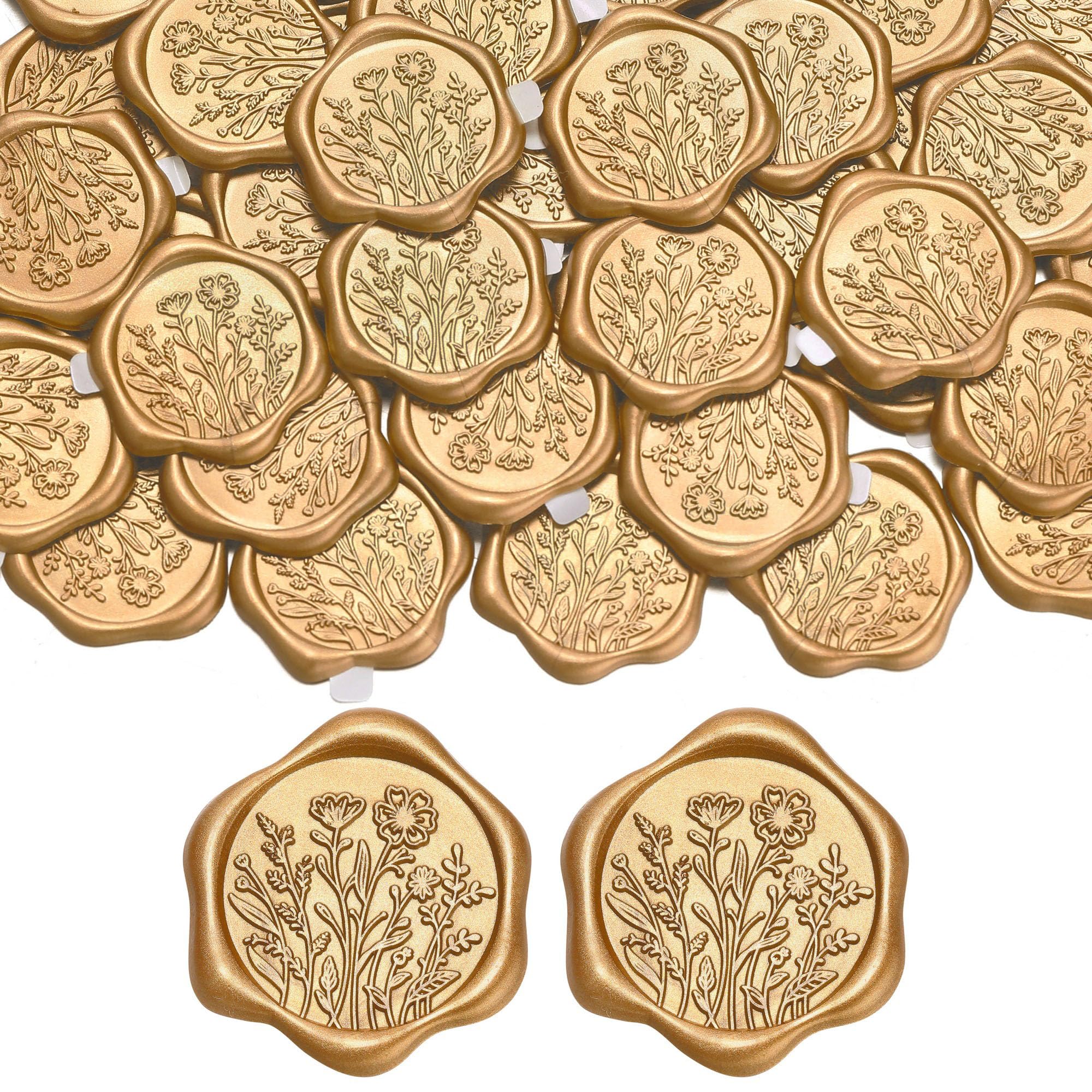 Filhome 50Pcs Wax Seal Stickers, 1.14inch/29mm Wild Flower Golden Envelope Vintage Self-Adhesive Sealing Stickers for Invitation Gift Packing, Wedding Valentine's Day Birthday Party Supply