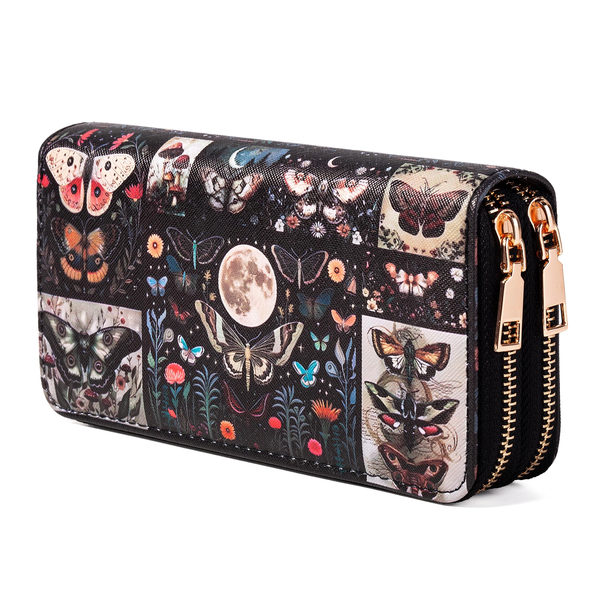 Butterfly Double Zip Wallet for Women - Large Capacity Floral &amp; Moth Print Clutch with Smooth Zippers, Travel Card Holder Purse