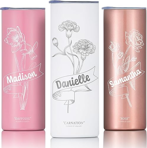 Vaso personalizado con flor de nacimiento grabada y nombre, vaso de café aislado al vacío de acero inoxidable de 20 onzas con tapa deslizante, taza