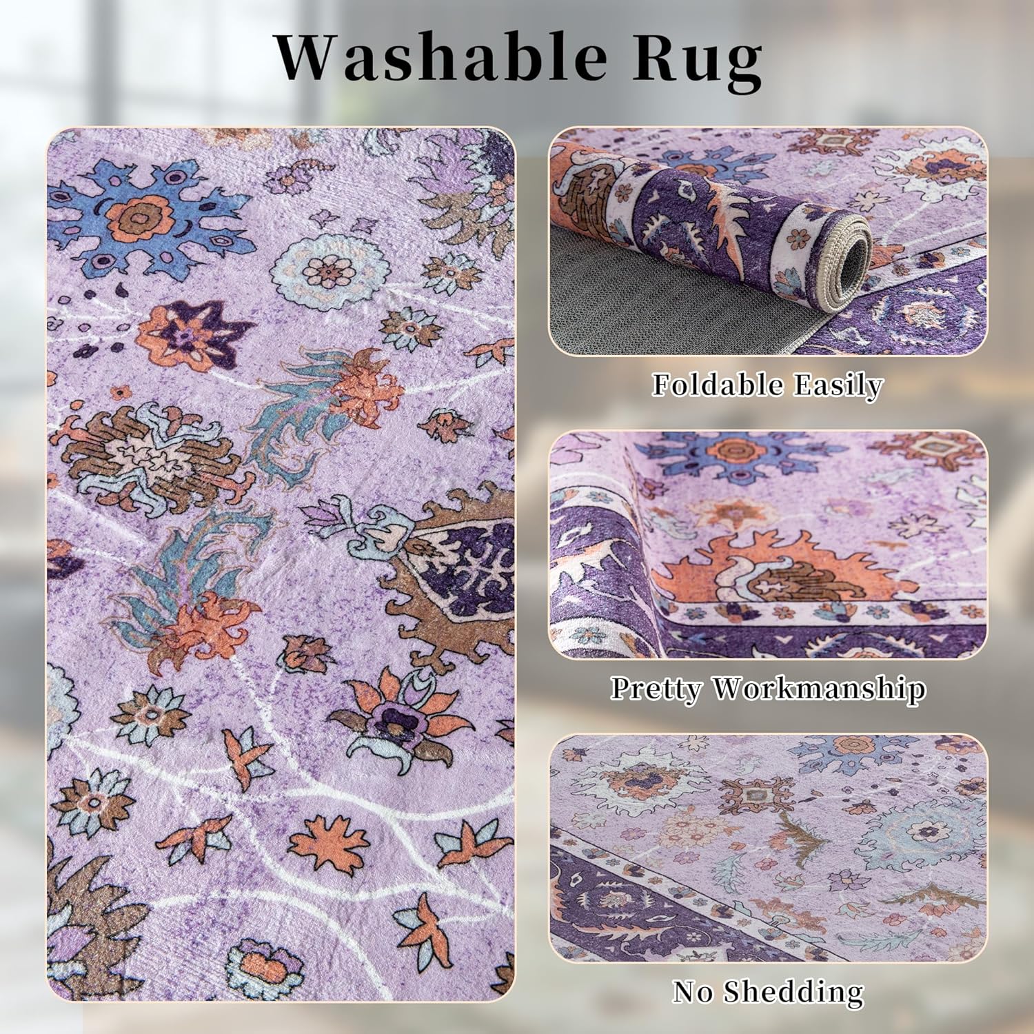 ‌Vintage Persian Style Large Area Wool Rug, Luxurious Bedroom Decor, Sound Absorption & Slip Resistance, Soft Underfoot Low Pile,5x7 ft Area Carpet-Purple