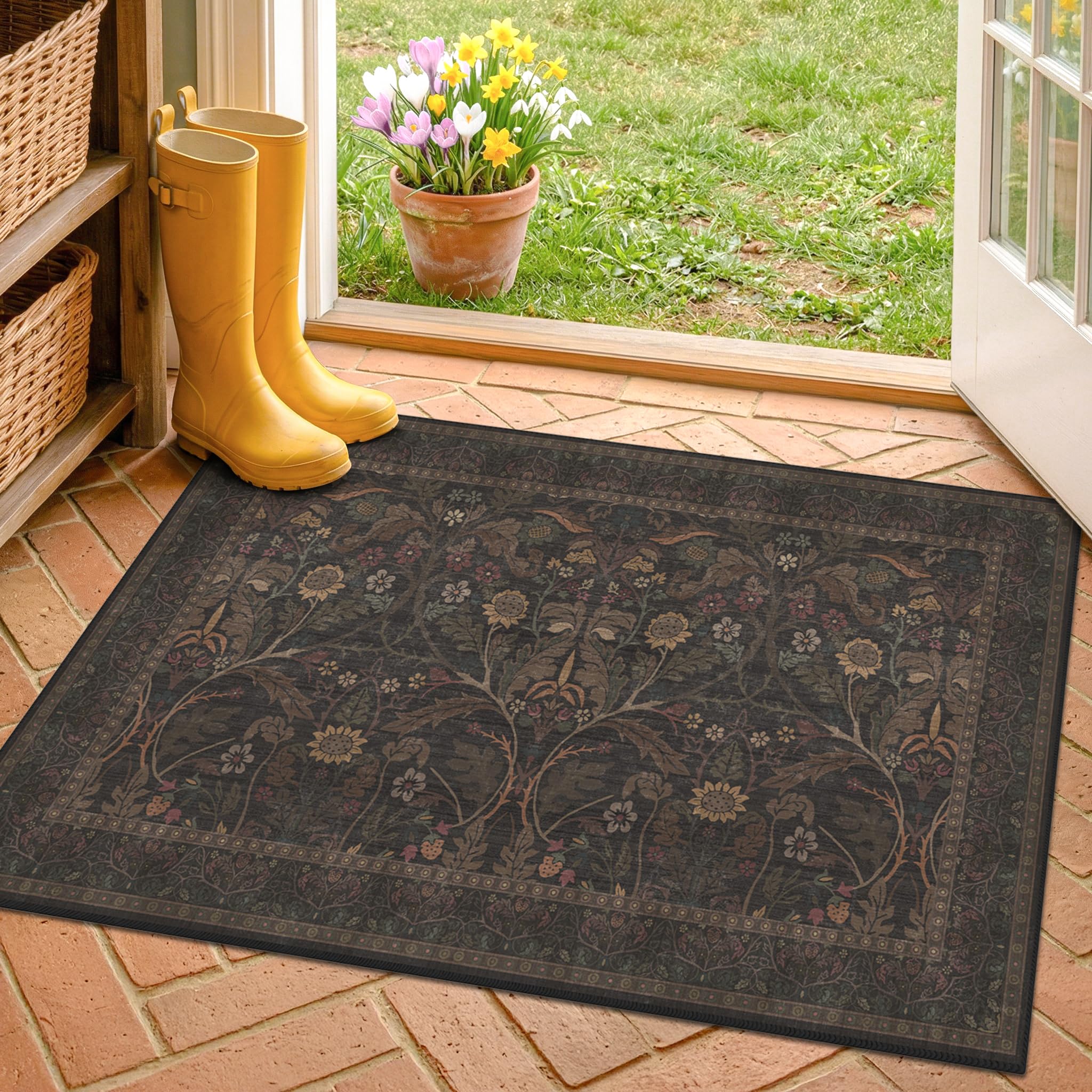 Photo 1 of Dark Brown 2x3 Washable Entry Rug, Throw Small Rugs for Entryway Kitchen Bathroom Indoor Door Mat, Farmhouse Floral & Botanical Door Mats, Low Pile Soft Stain Resistant Carpet